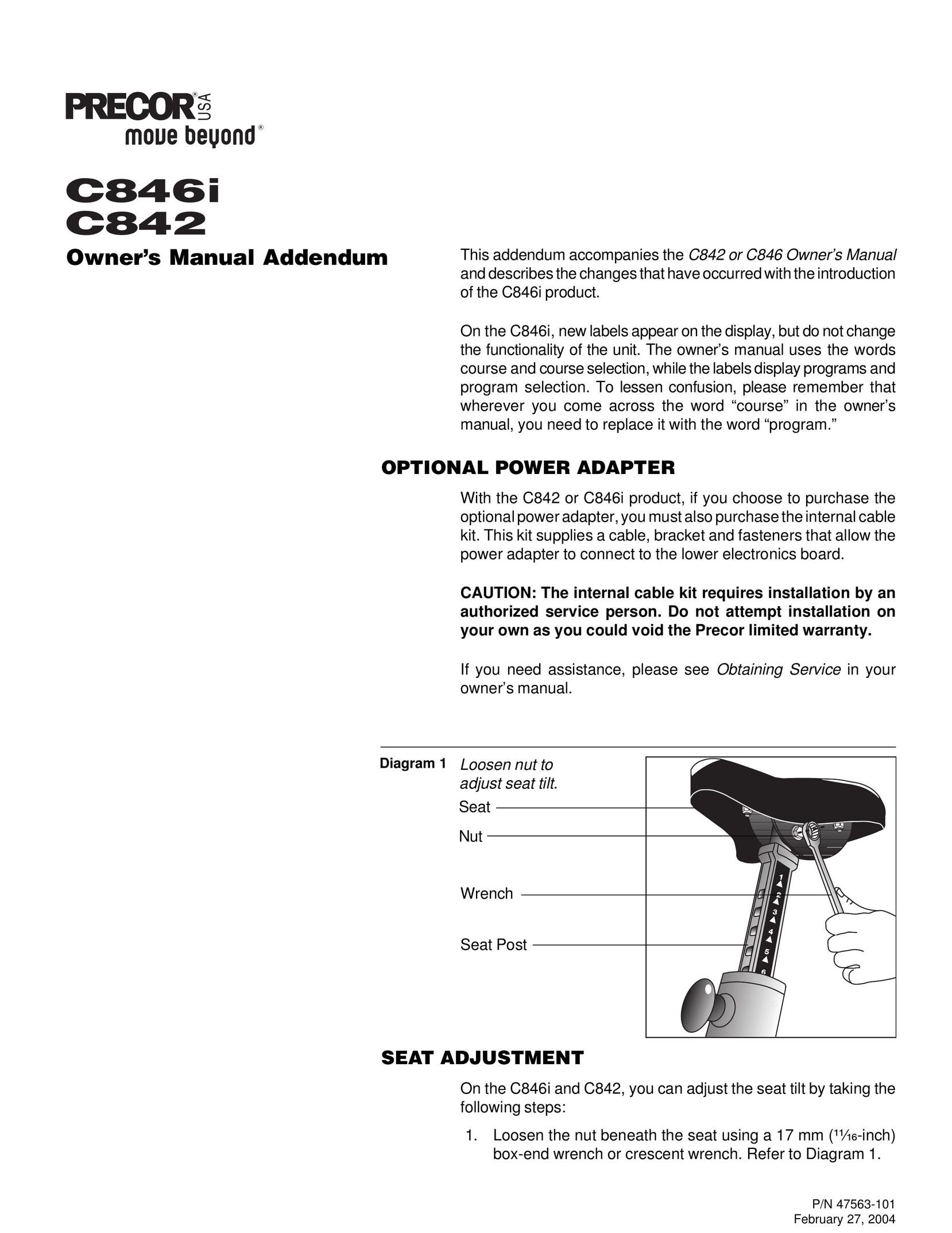 Precor C842 Bicycle Accessories User Manual