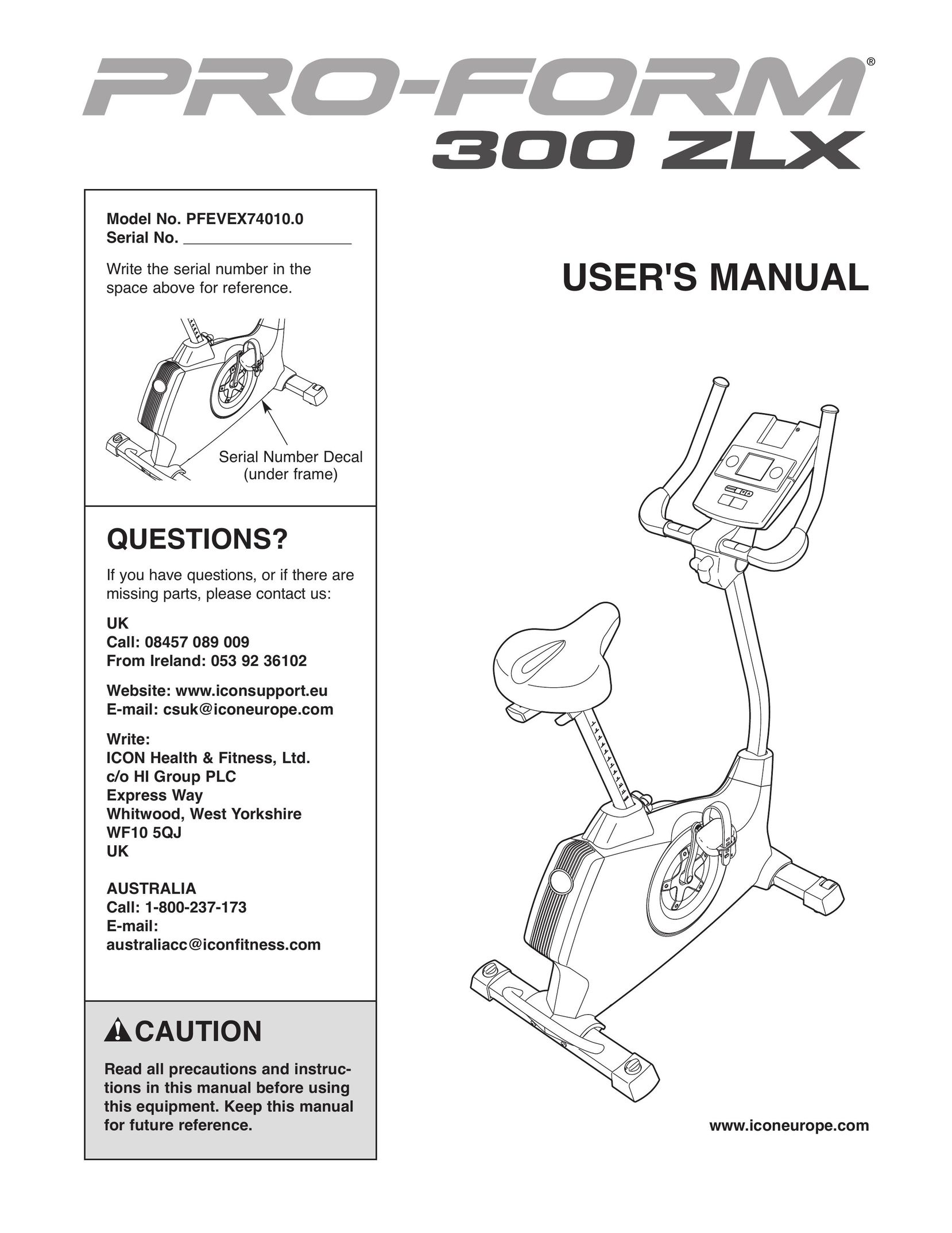 ProForm 300 ZLX Bicycle Accessories User Manual