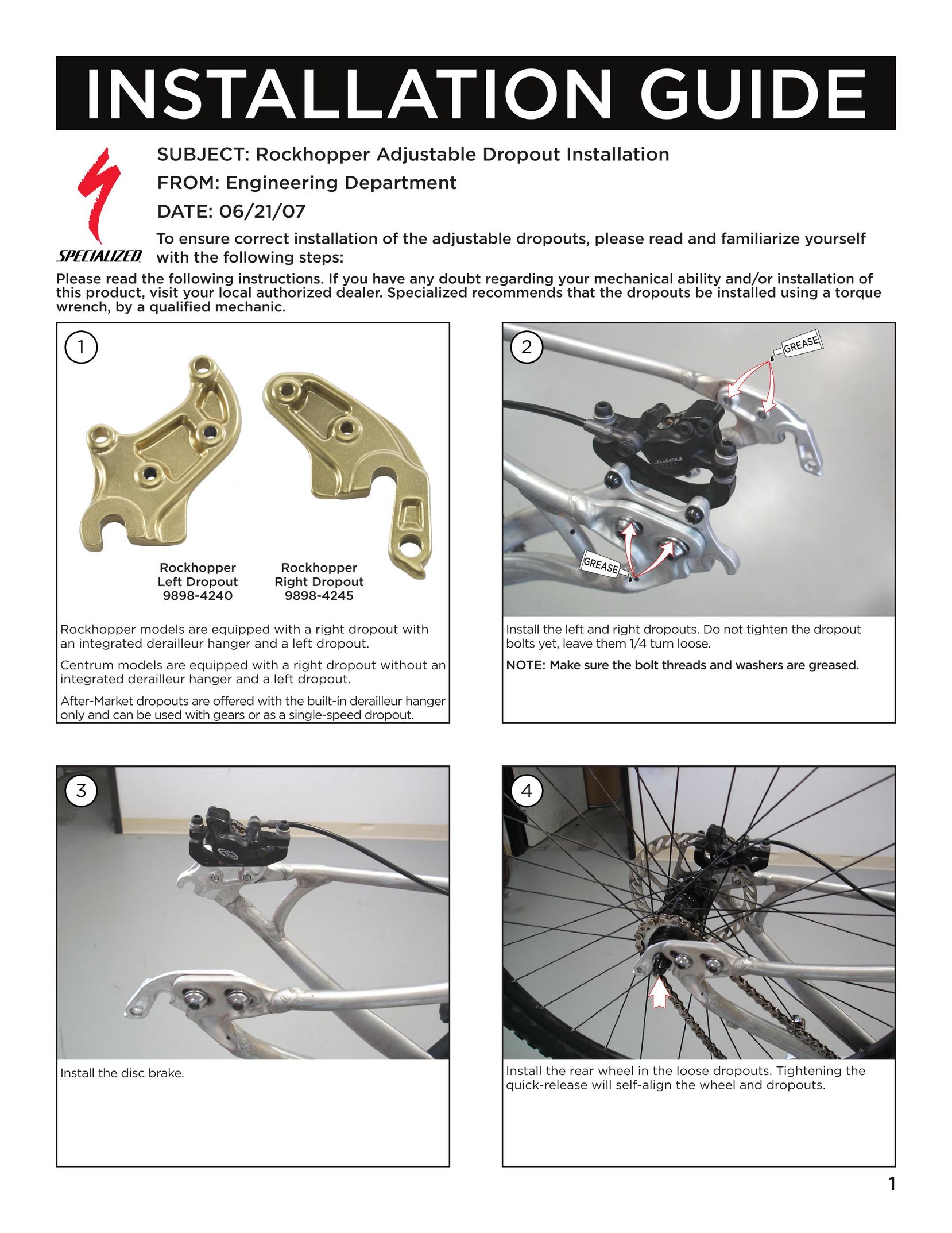 Specialized RH Dropout Bicycle Accessories User Manual