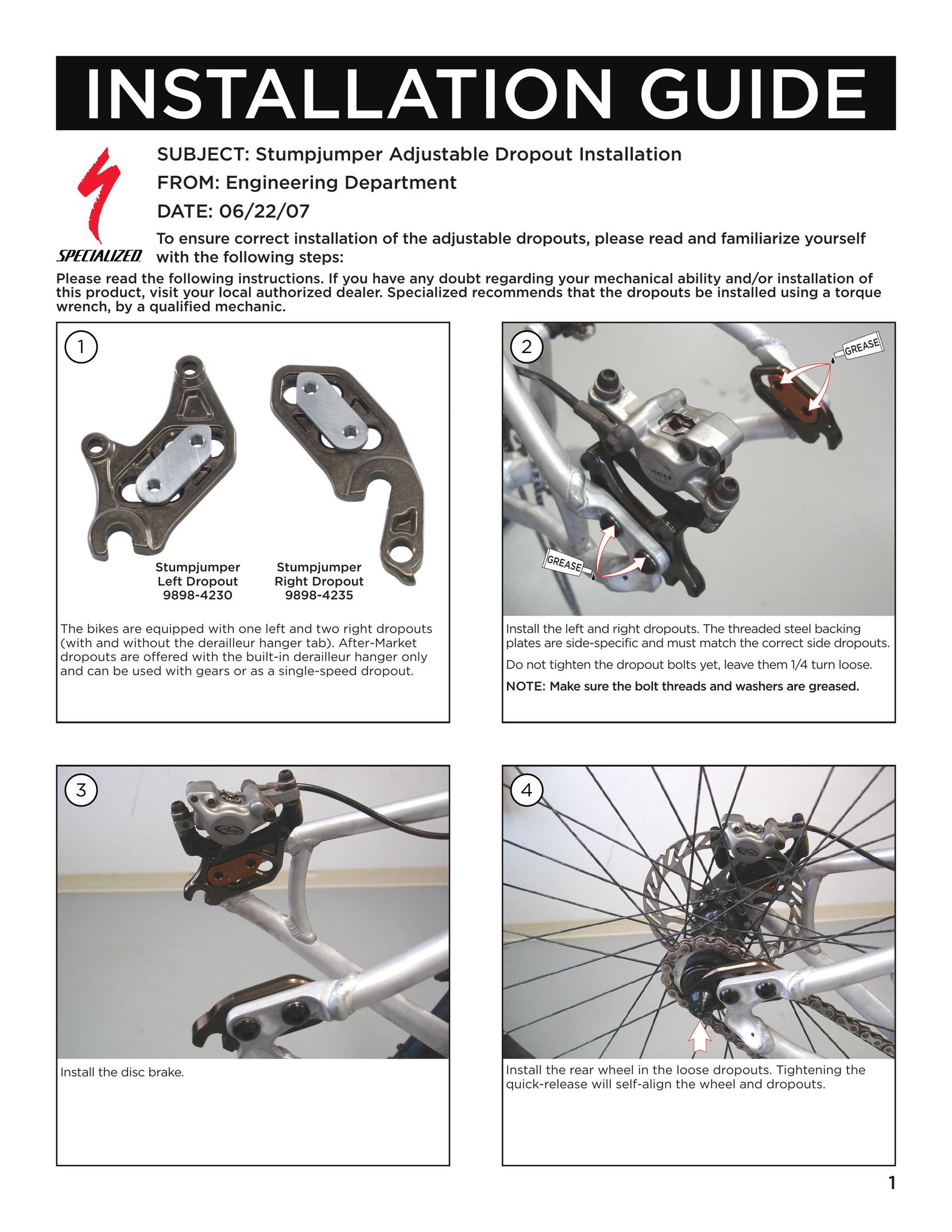 Specialized Stumpjumper Adjustable Dropout Bicycle Accessories User Manual