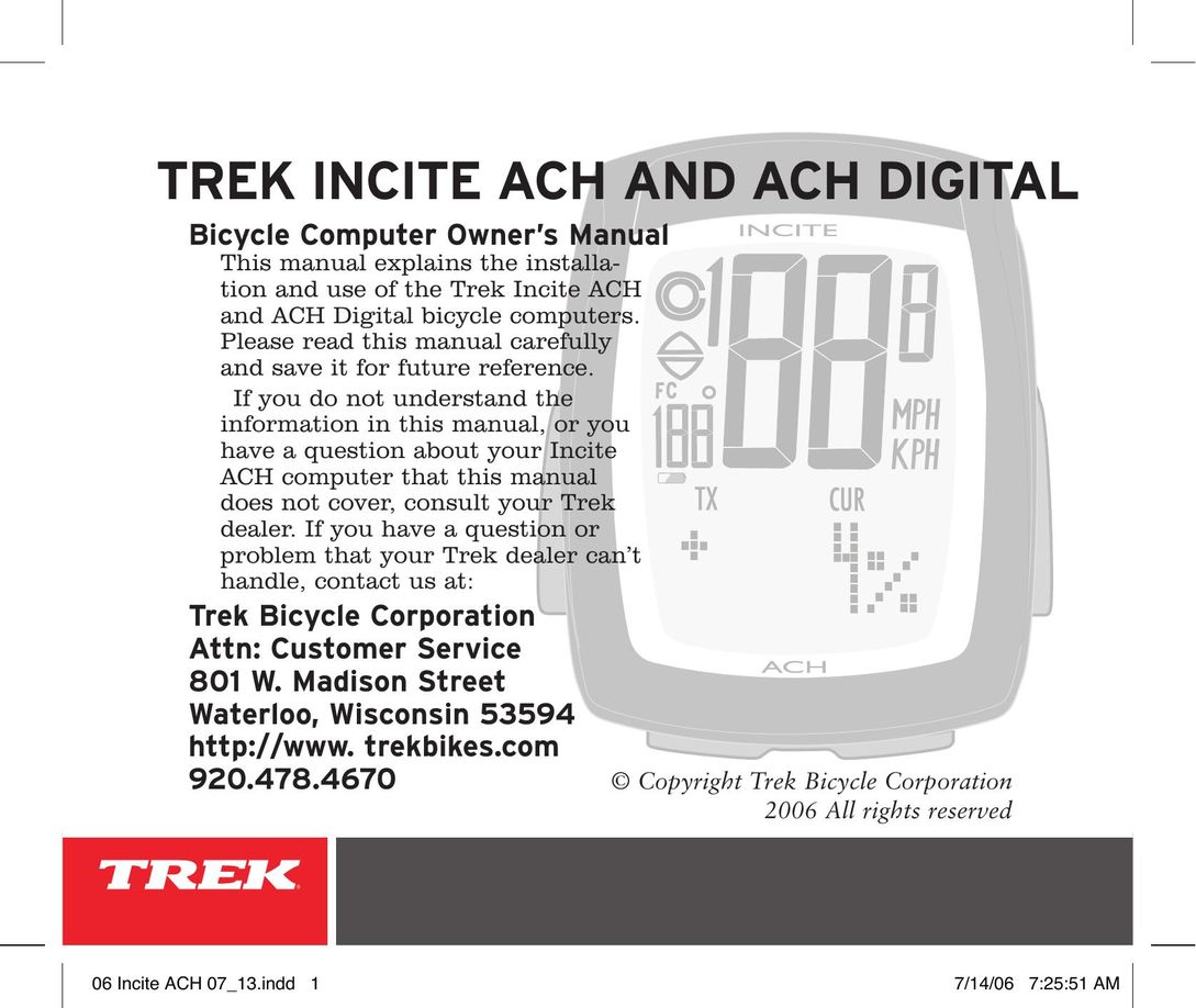 Trek Bicycle Computer Bicycle Accessories User Manual