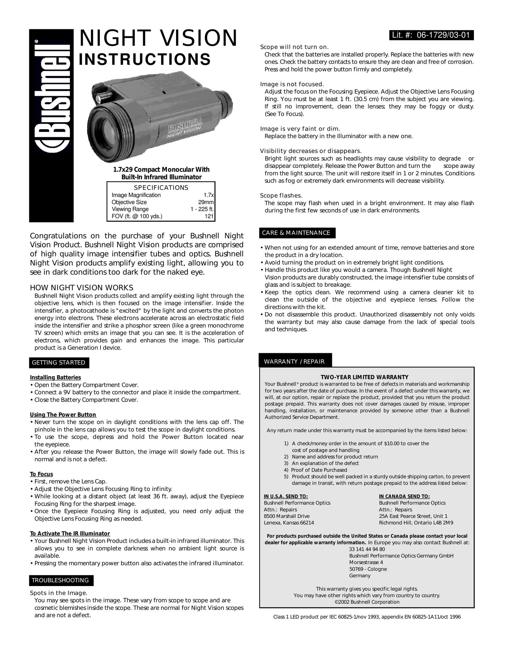 Bushnell 06-1729/03-01 Binoculars User Manual