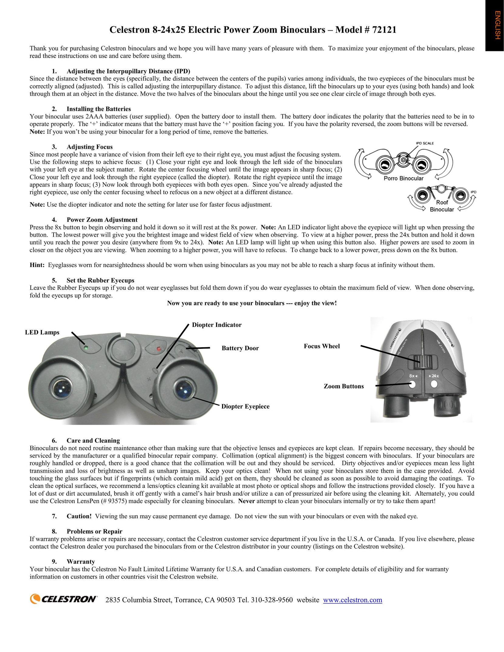 Celestron 72121 Binoculars User Manual