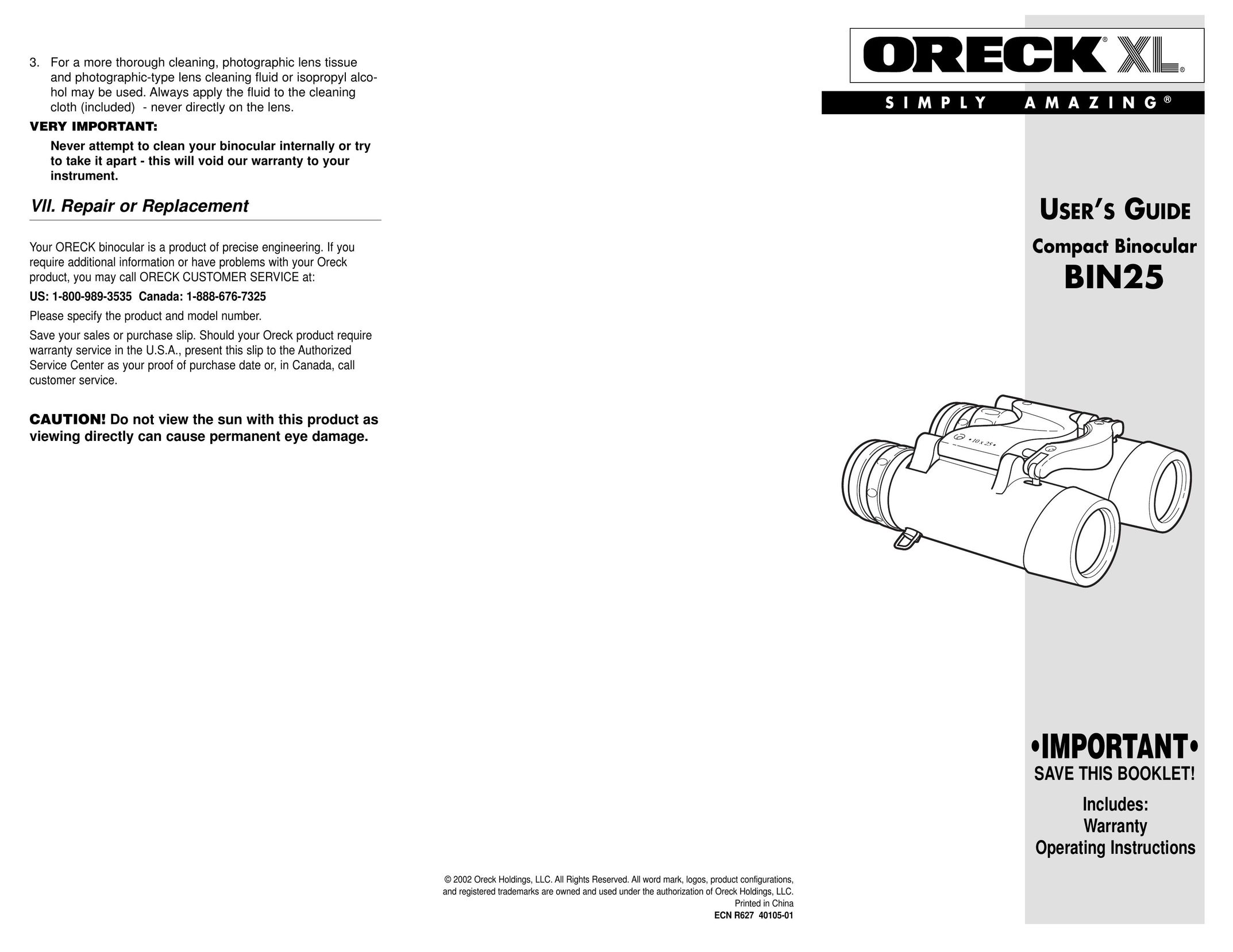 Oreck BIN25 Binoculars User Manual