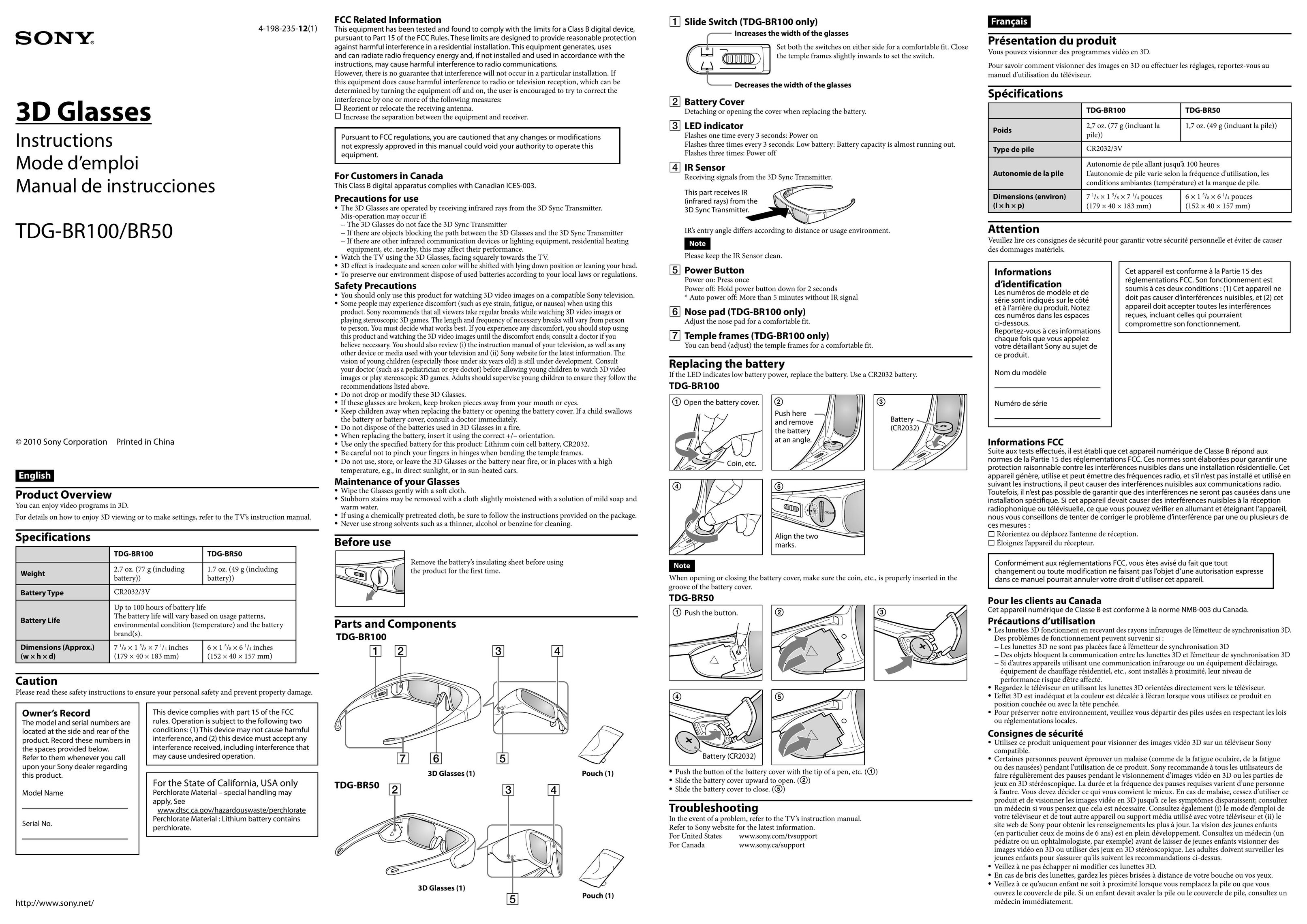 Sony TDG-BR100 Binoculars User Manual
