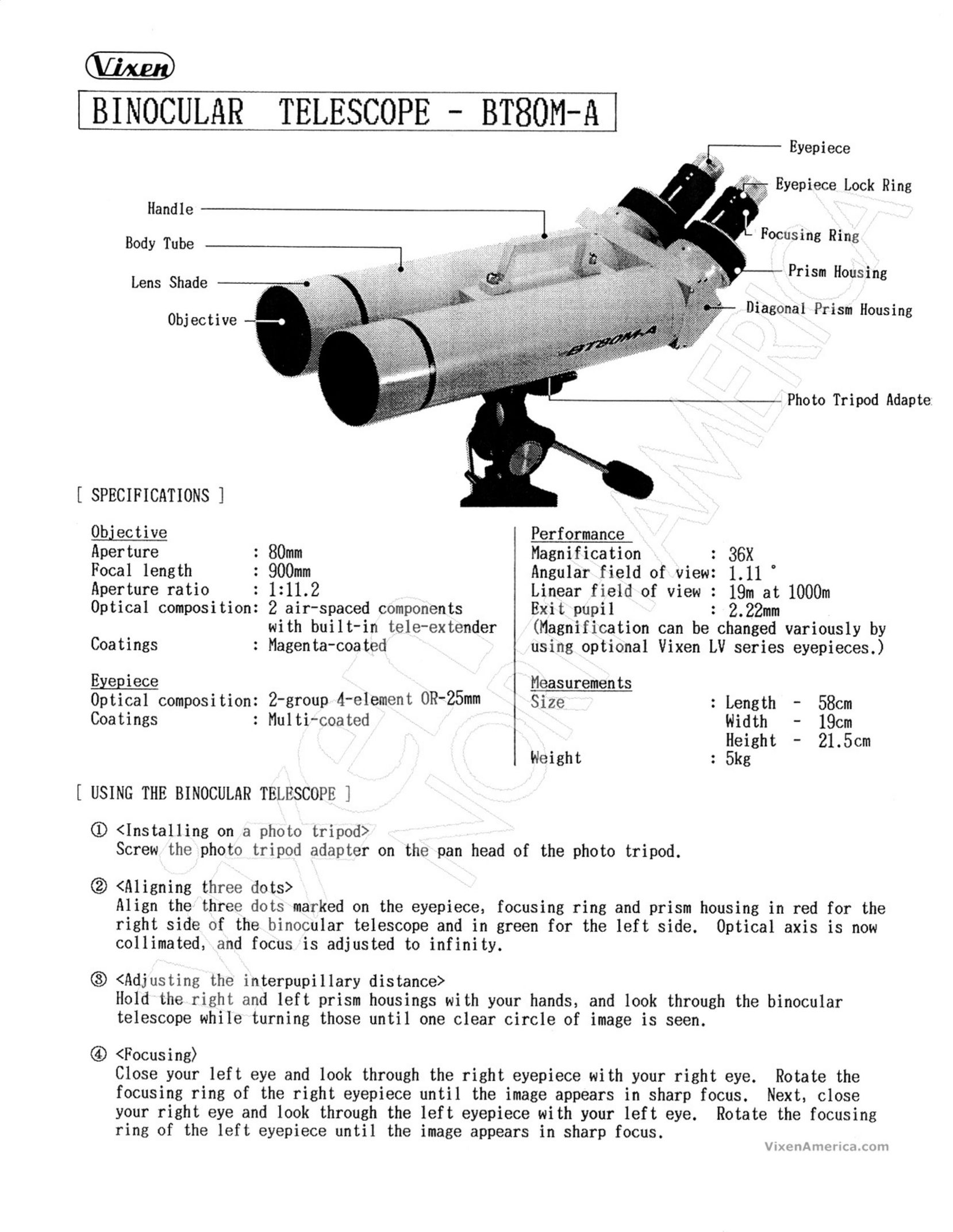 Vixen BT80M-A Binoculars User Manual