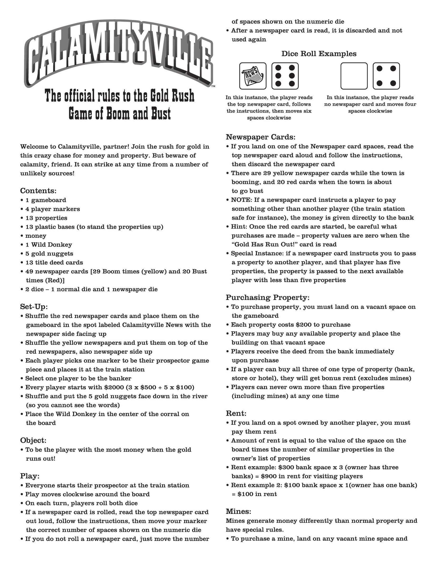 Fundex Games CALAMITYVILLE Board Games User Manual
