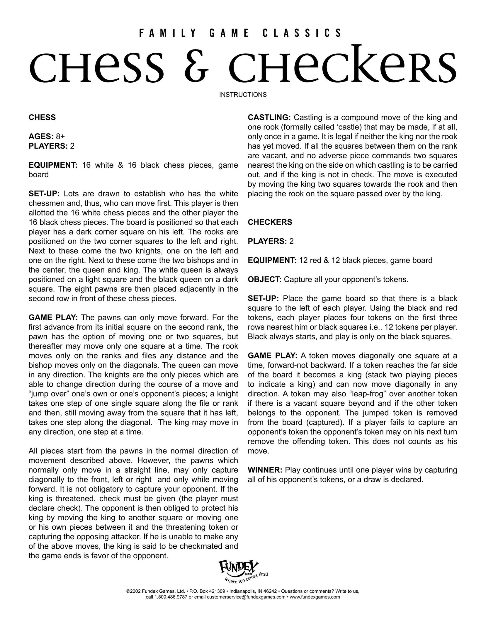 Fundex Games Chess & Checkers Board Games User Manual