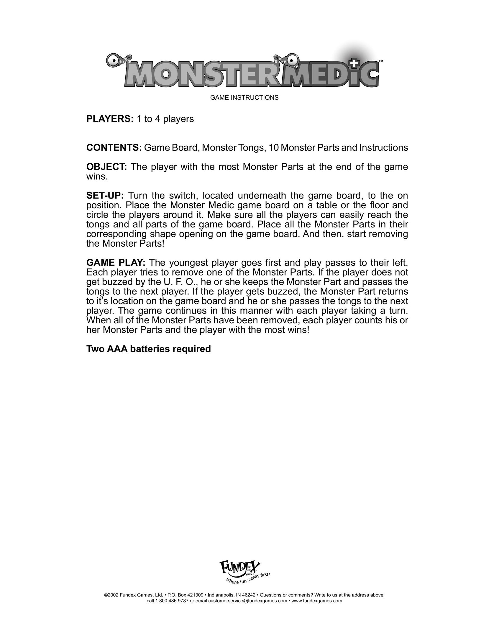 Fundex Games Monster Medic Board Games User Manual