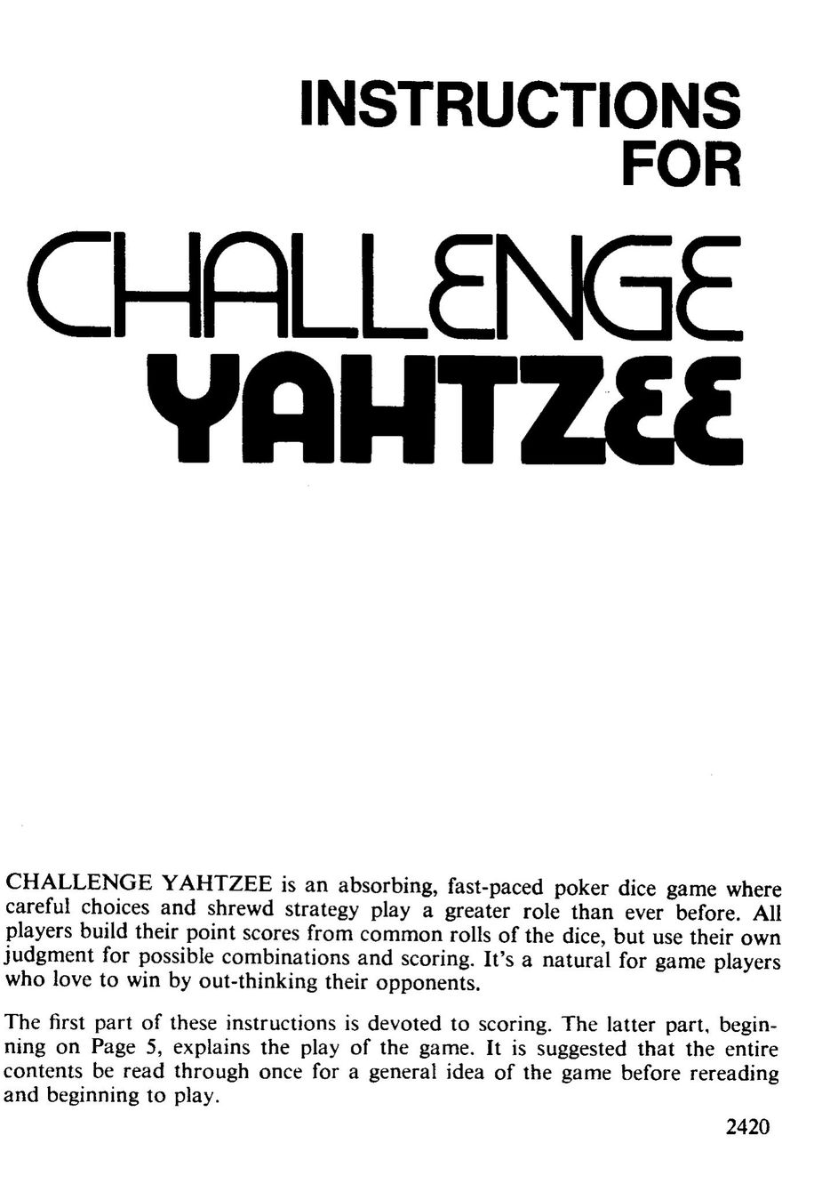 Hasbro Challenge Yahtzee Board Games User Manual