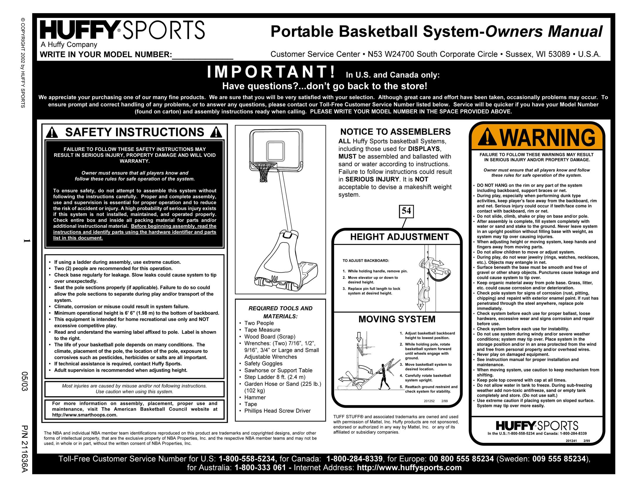 Huffy Portable Basketball System Board Games User Manual