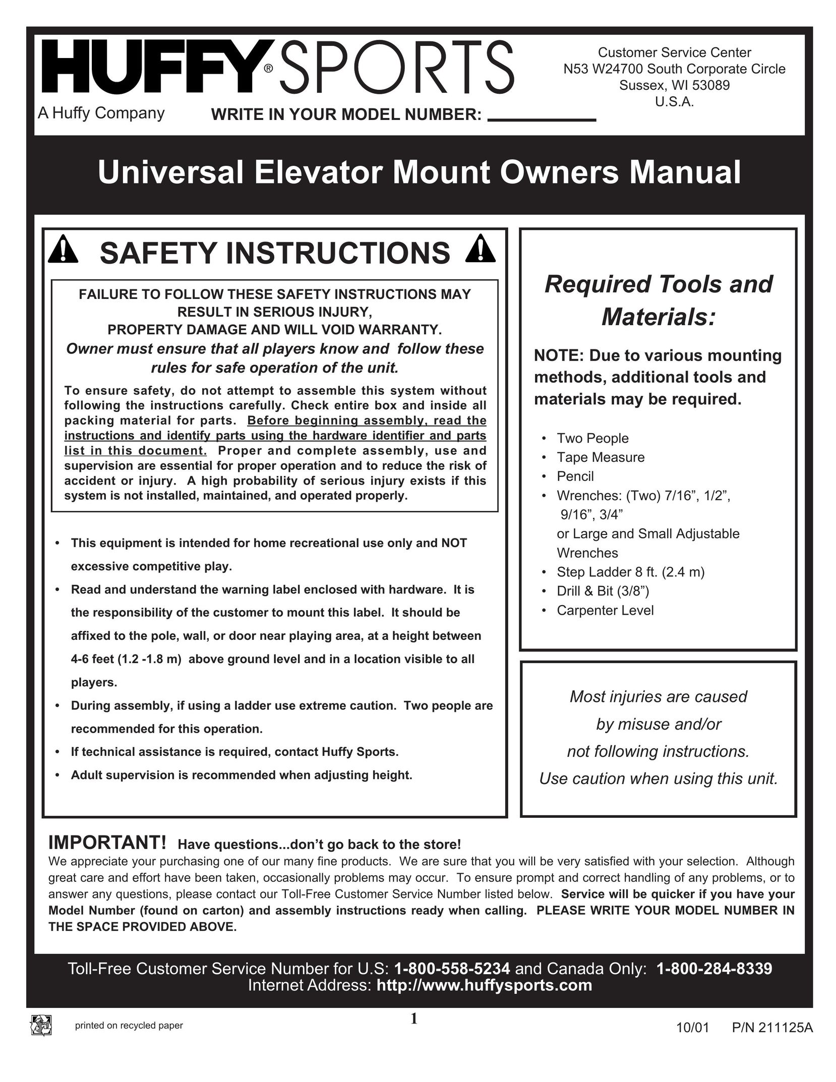 Huffy Universal Elevator Mount Board Games User Manual