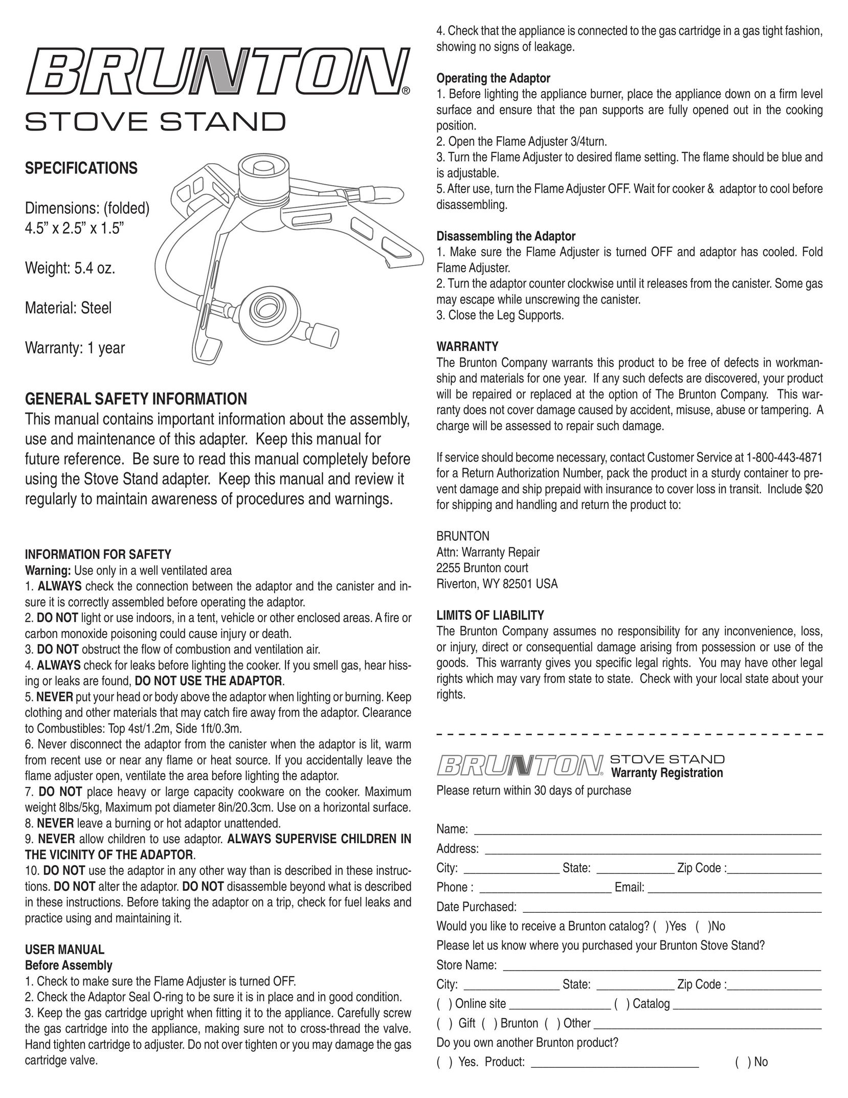 Brunton 81-100695~22.5 Camping Equipment User Manual