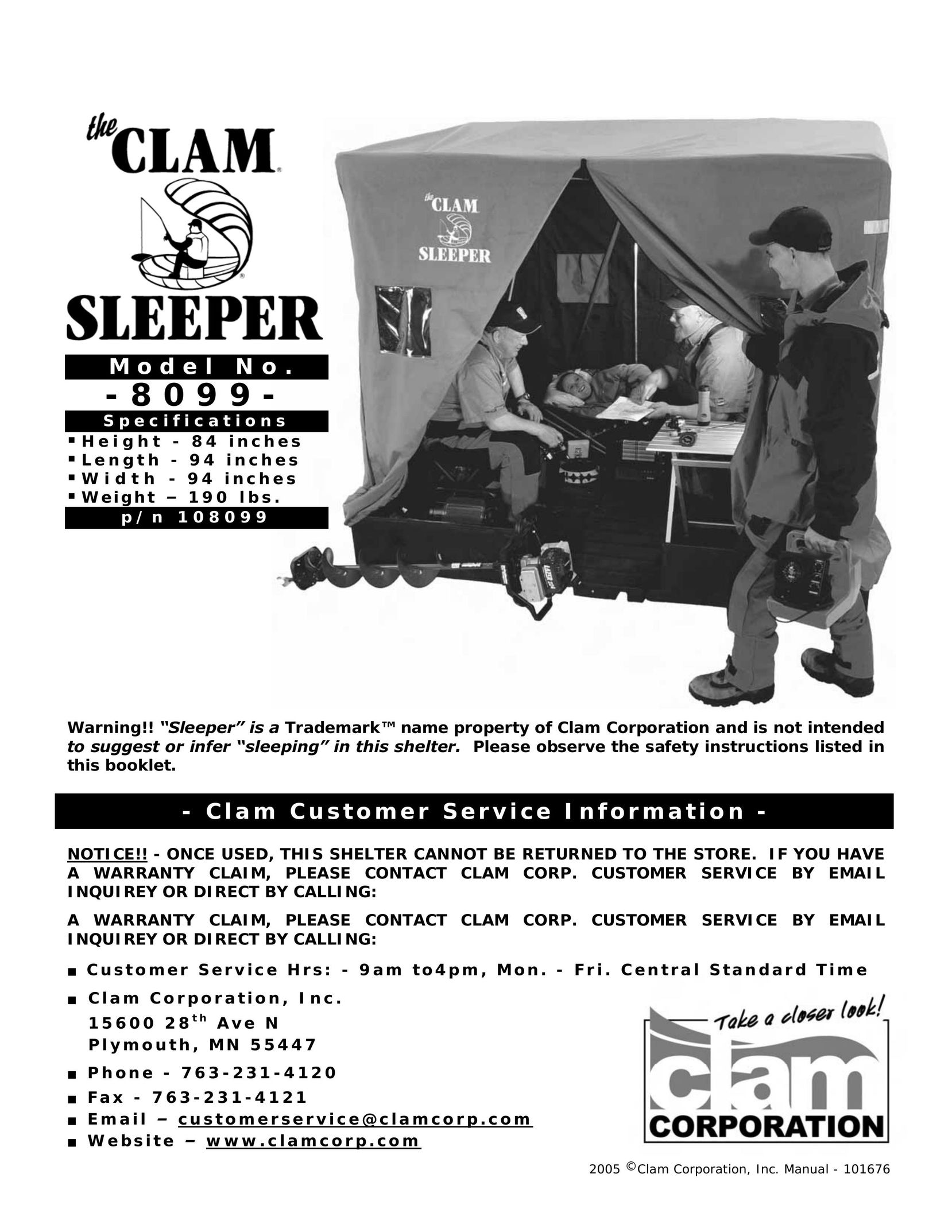 Clam Corp 8 0 9 9 Camping Equipment User Manual