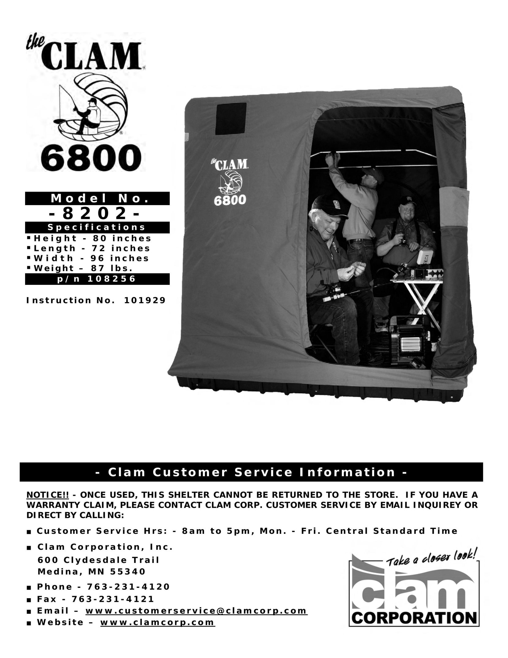 Clam Corp 8202 Camping Equipment User Manual