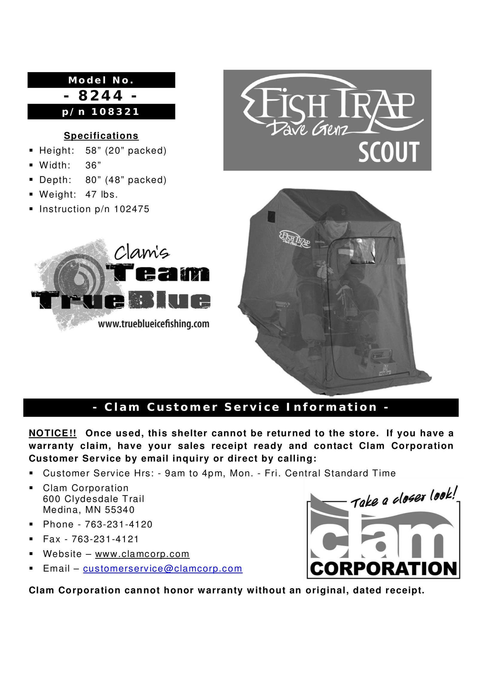 Clam Corp 8244 Camping Equipment User Manual