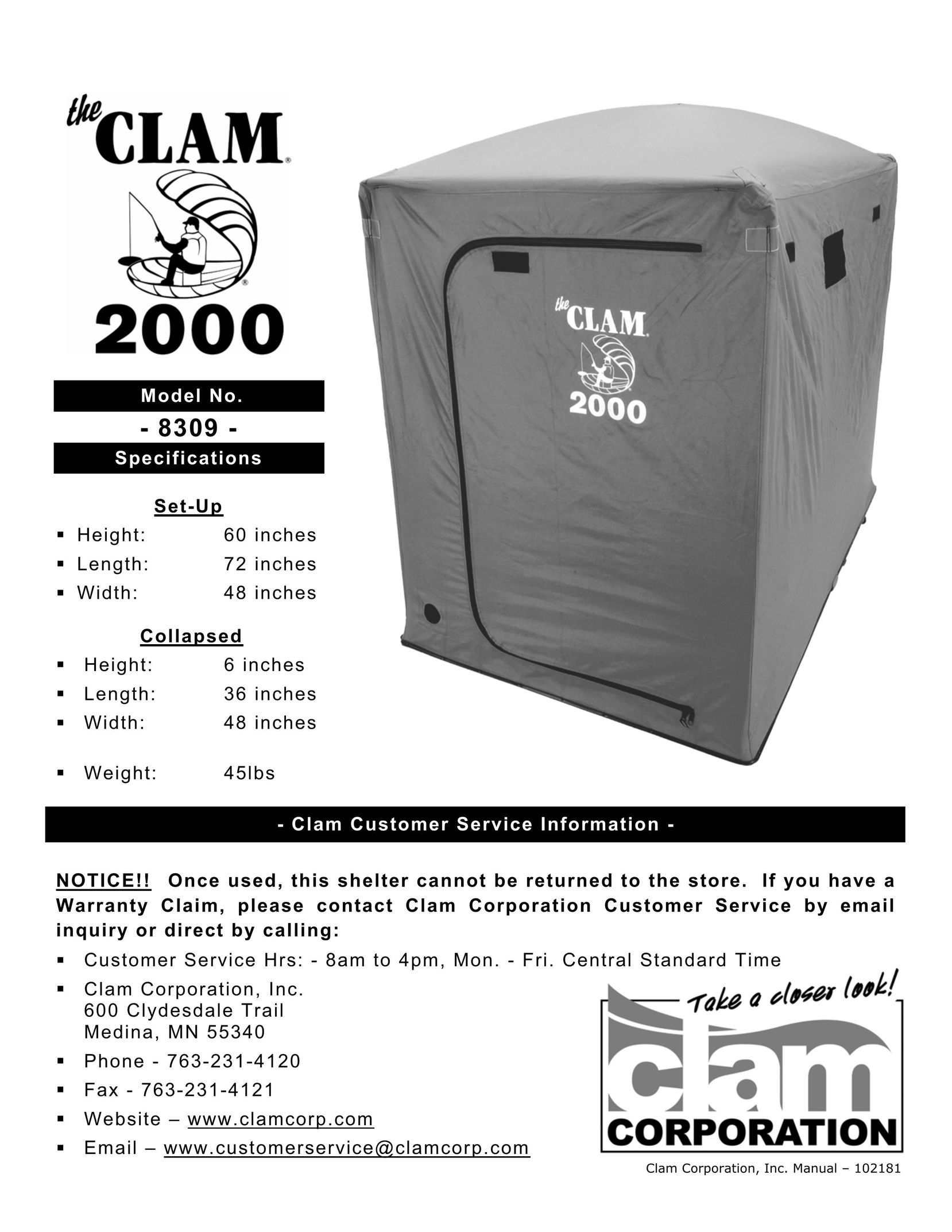 Clam Corp 8309 Camping Equipment User Manual