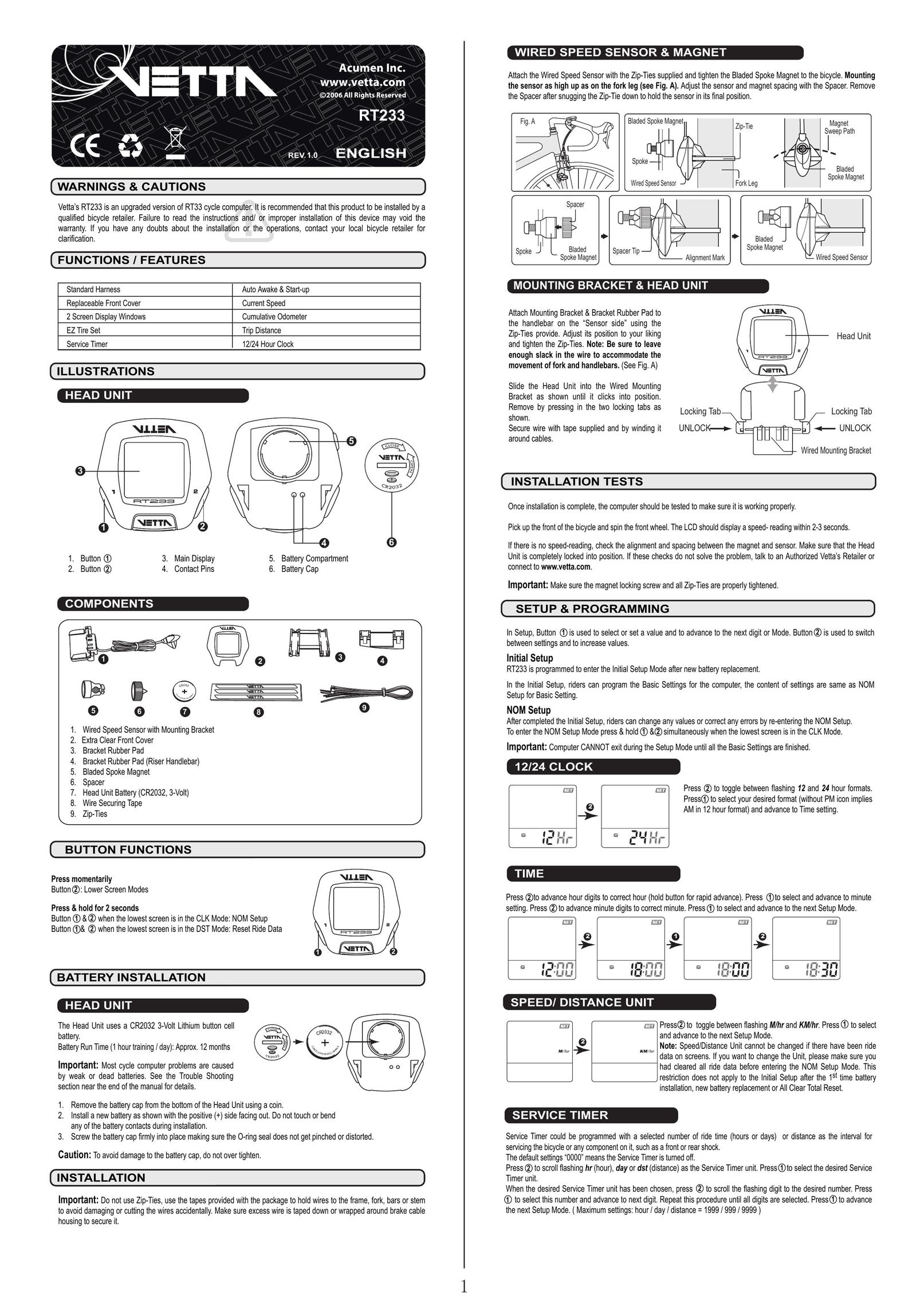 Acumen RT233 Cyclometer User Manual