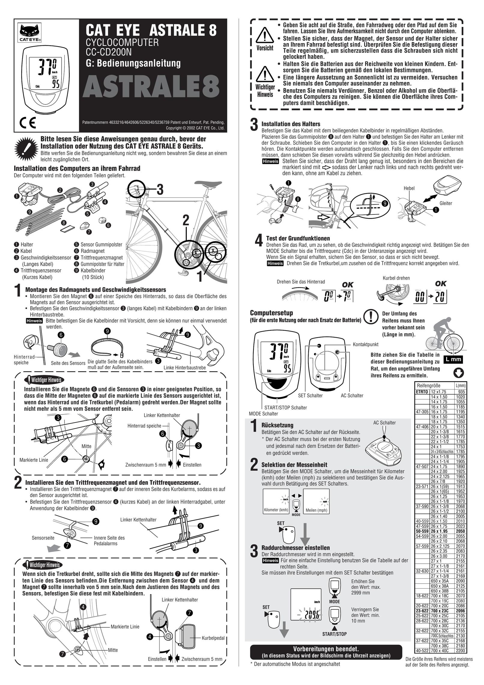 Cateye CC-CD200N Cyclometer User Manual