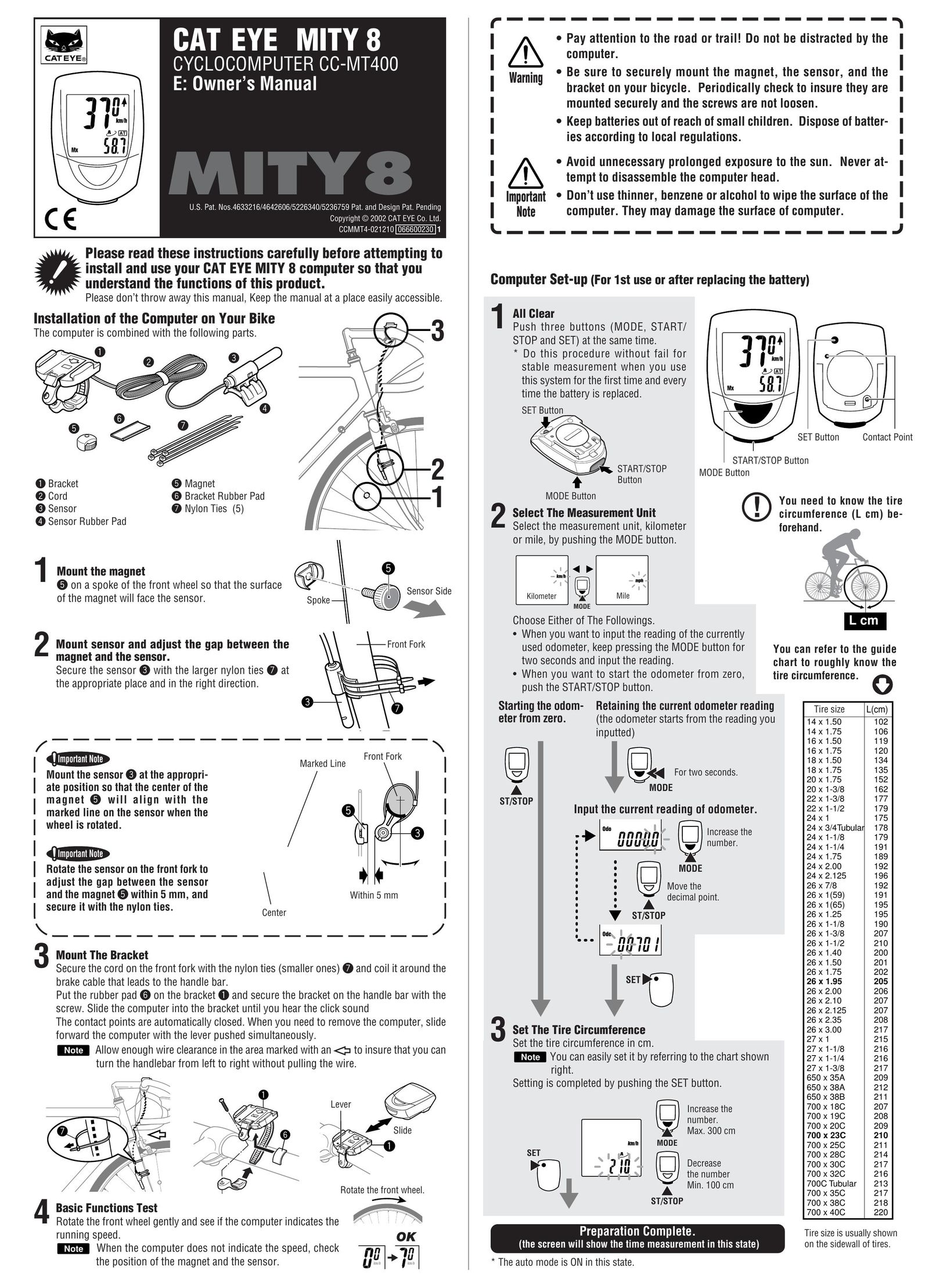 Cateye CC-MT400 Cyclometer User Manual