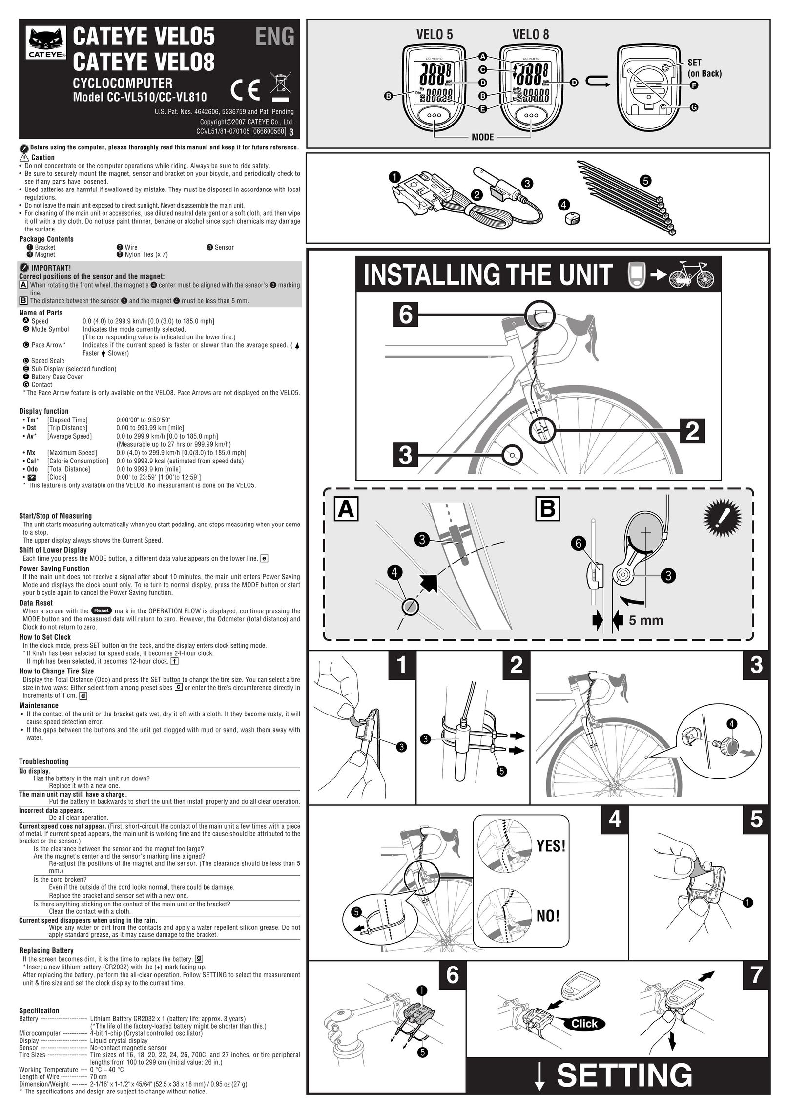Cateye CC-VL510 Cyclometer User Manual