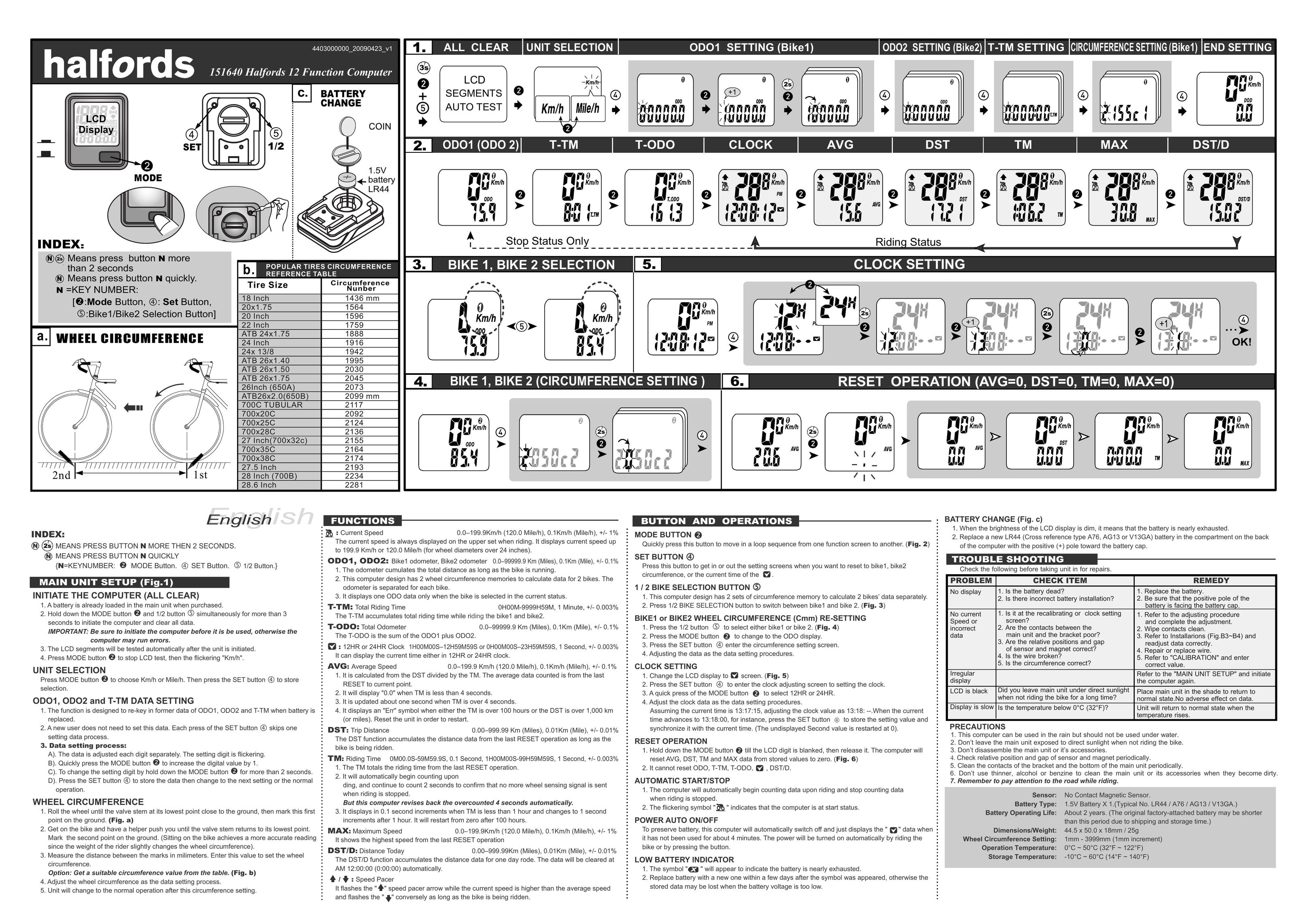Halfords 151640 Cyclometer User Manual