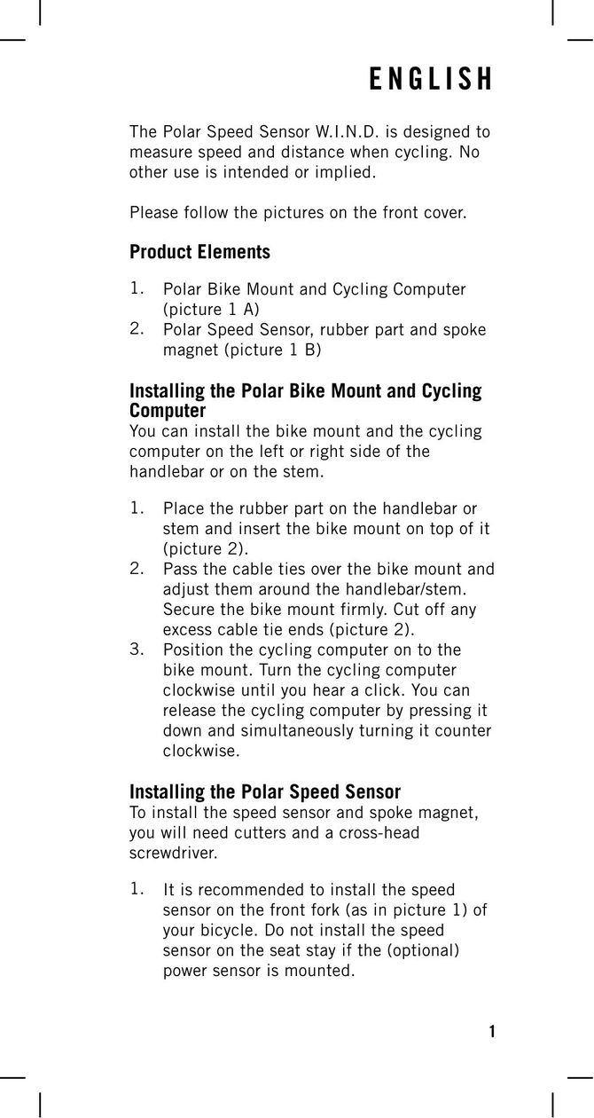 Polar Cycling Computer Cyclometer User Manual