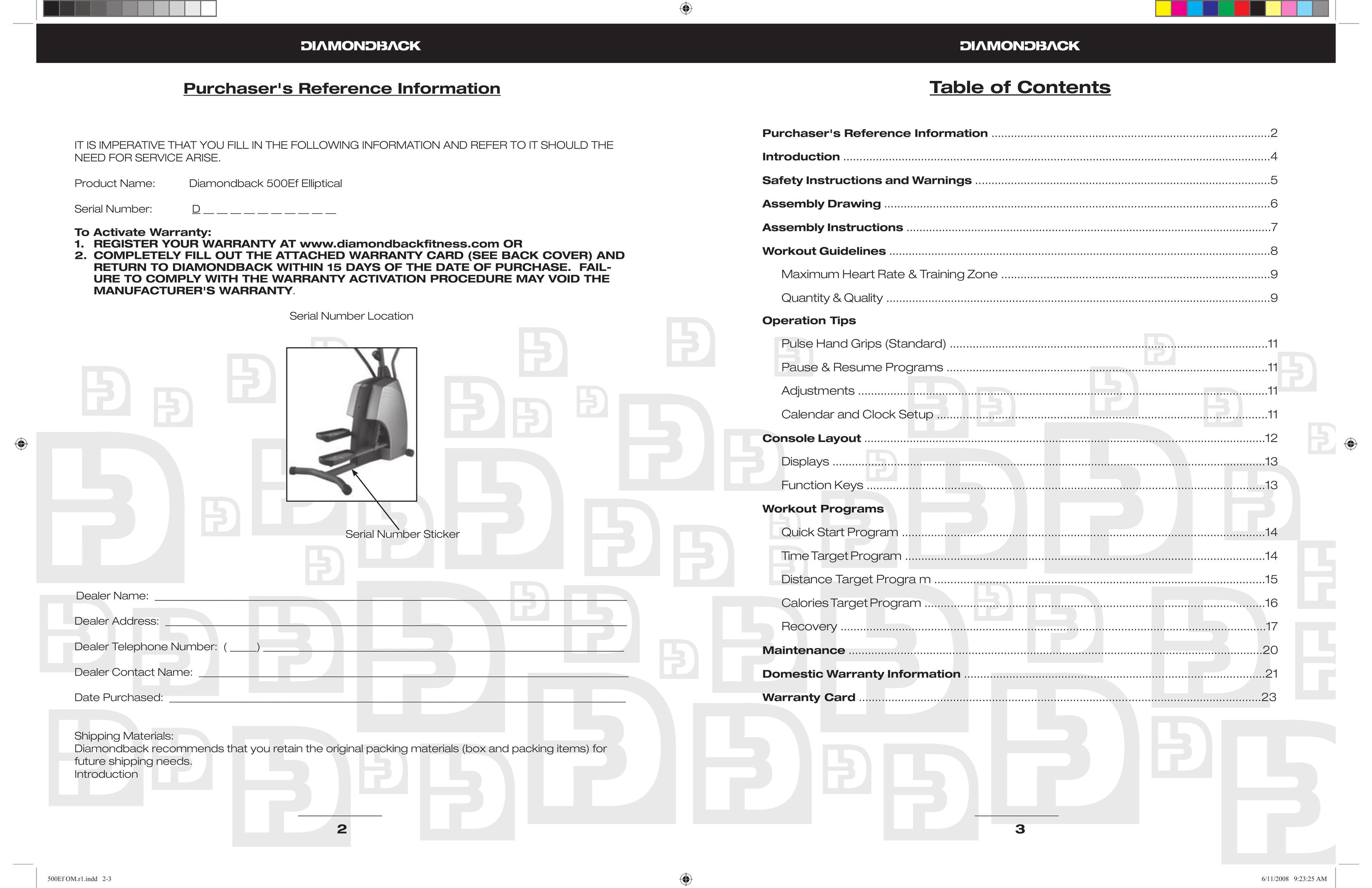 Diamondback 500Ef Elliptical Trainer User Manual