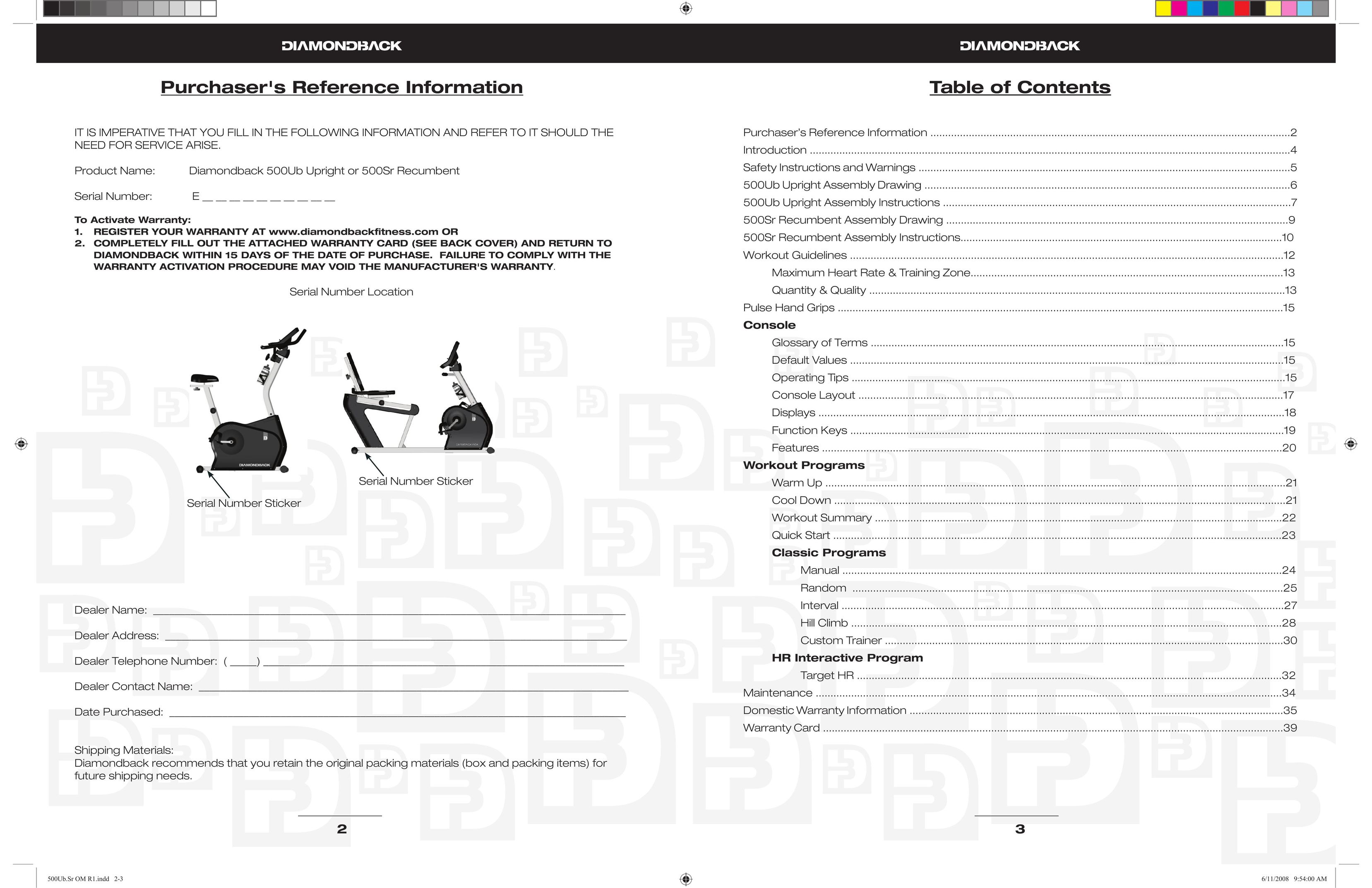 Diamondback 500Sr Elliptical Trainer User Manual