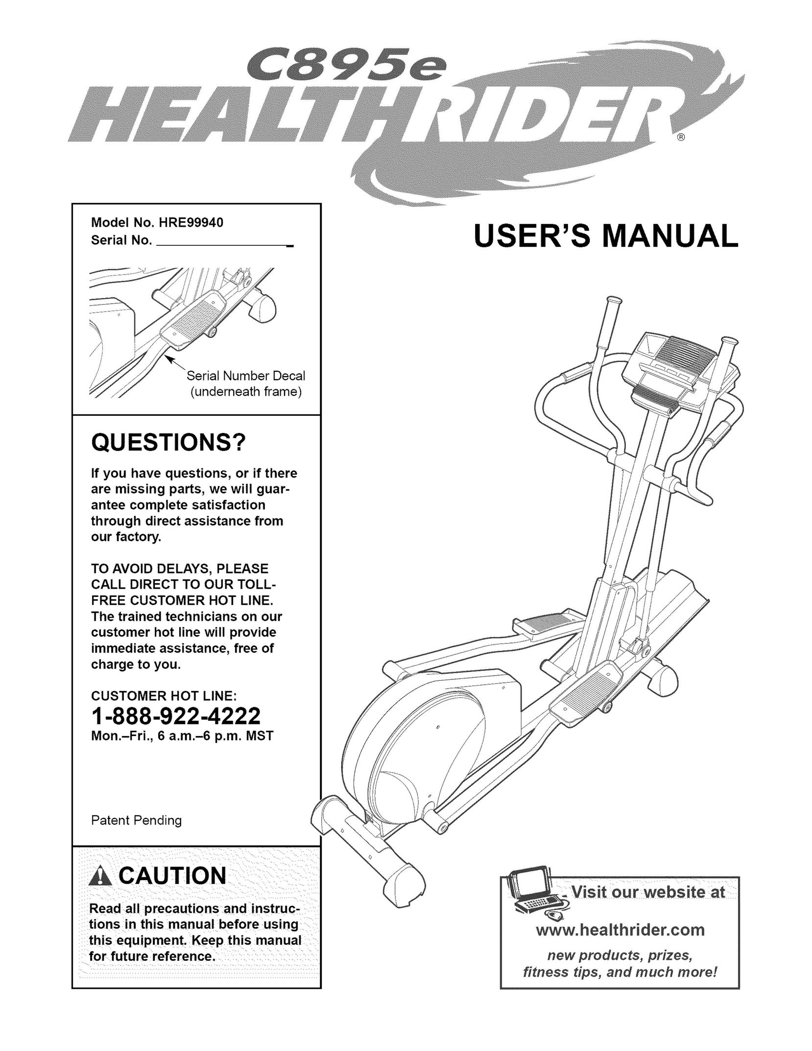 Healthrider HRE99940 Elliptical Trainer User Manual