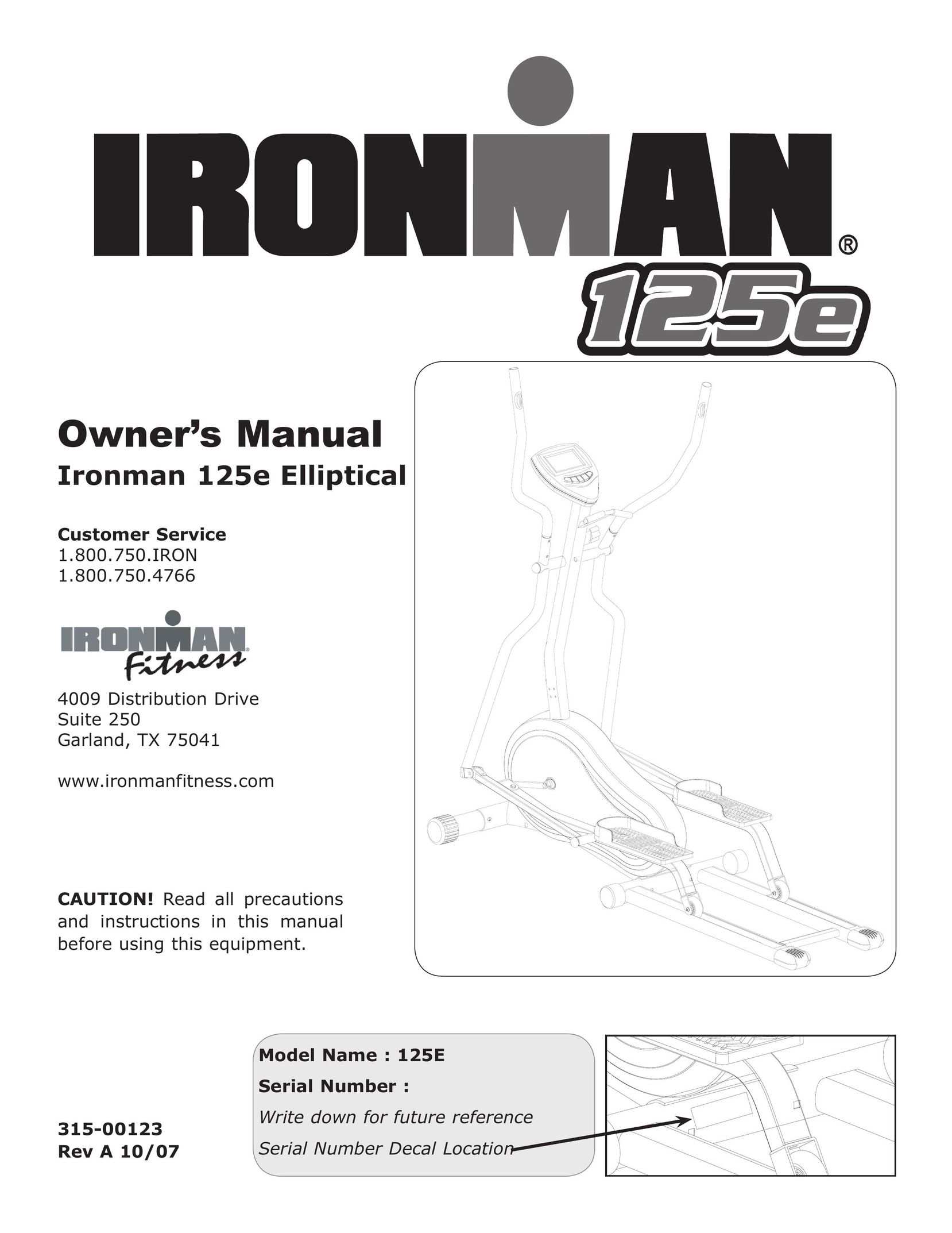 Ironman Fitness 125E Elliptical Trainer User Manual