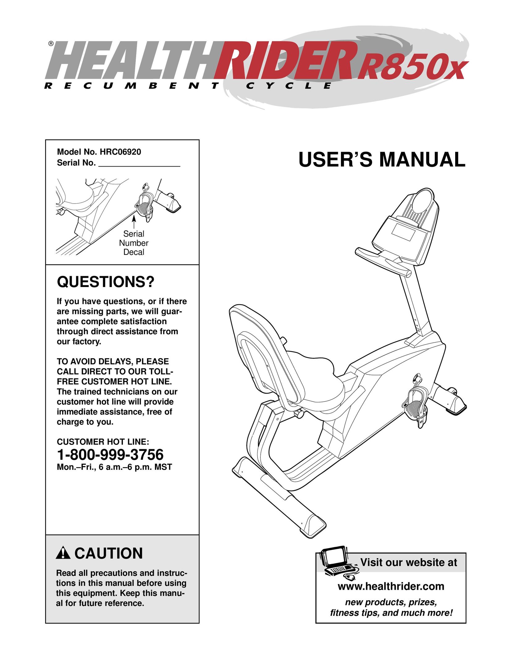 Healthrider R850x Exercise Bike User Manual