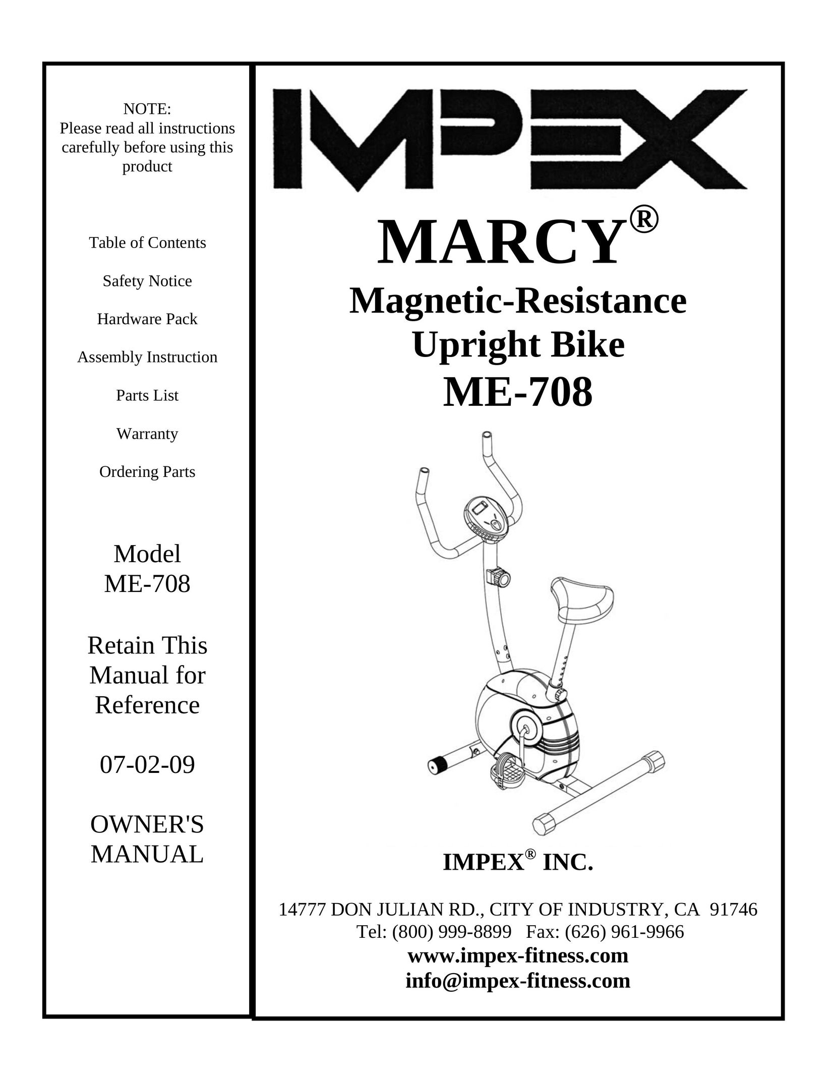 Impex ME-708 Exercise Bike User Manual