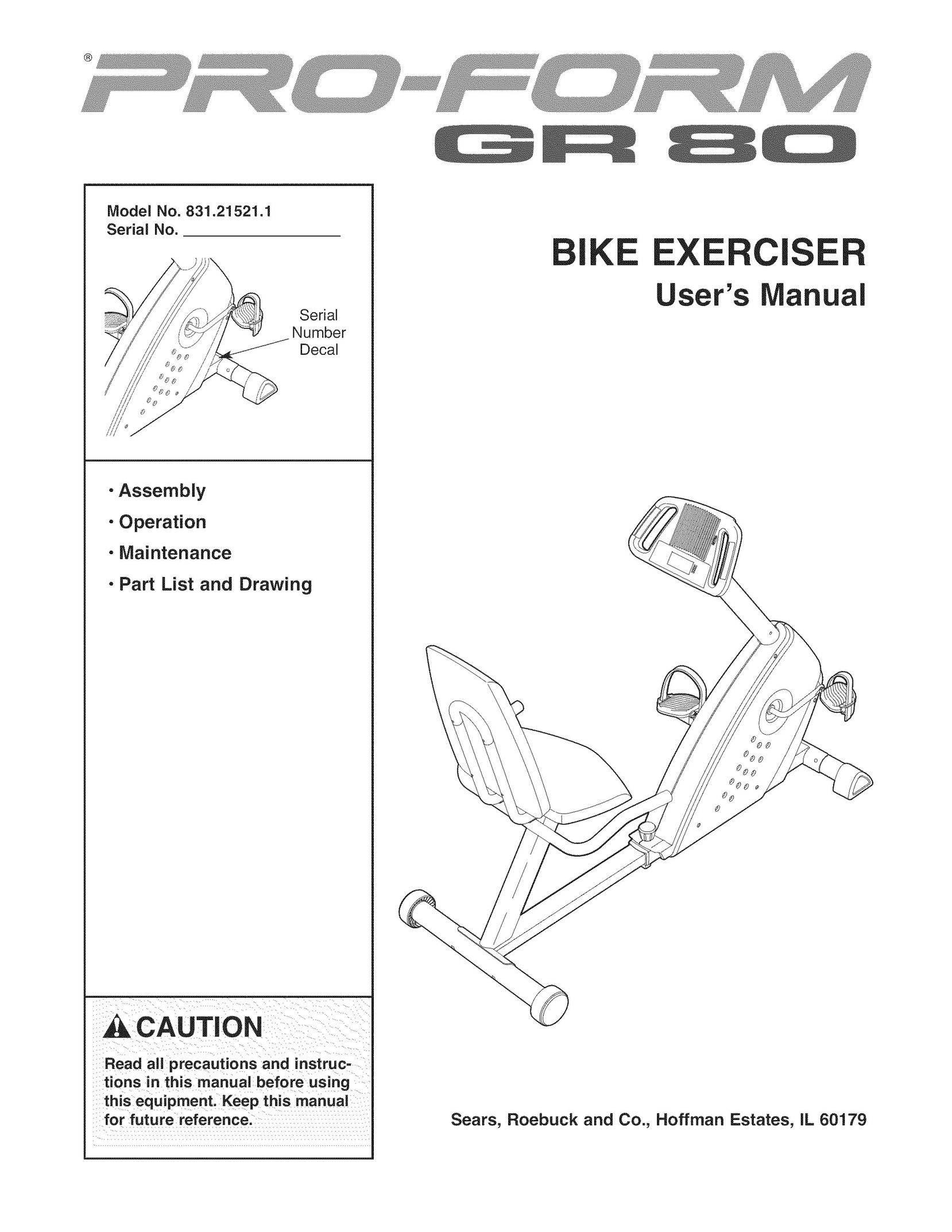 ProForm 831.21521.1 Exercise Bike User Manual