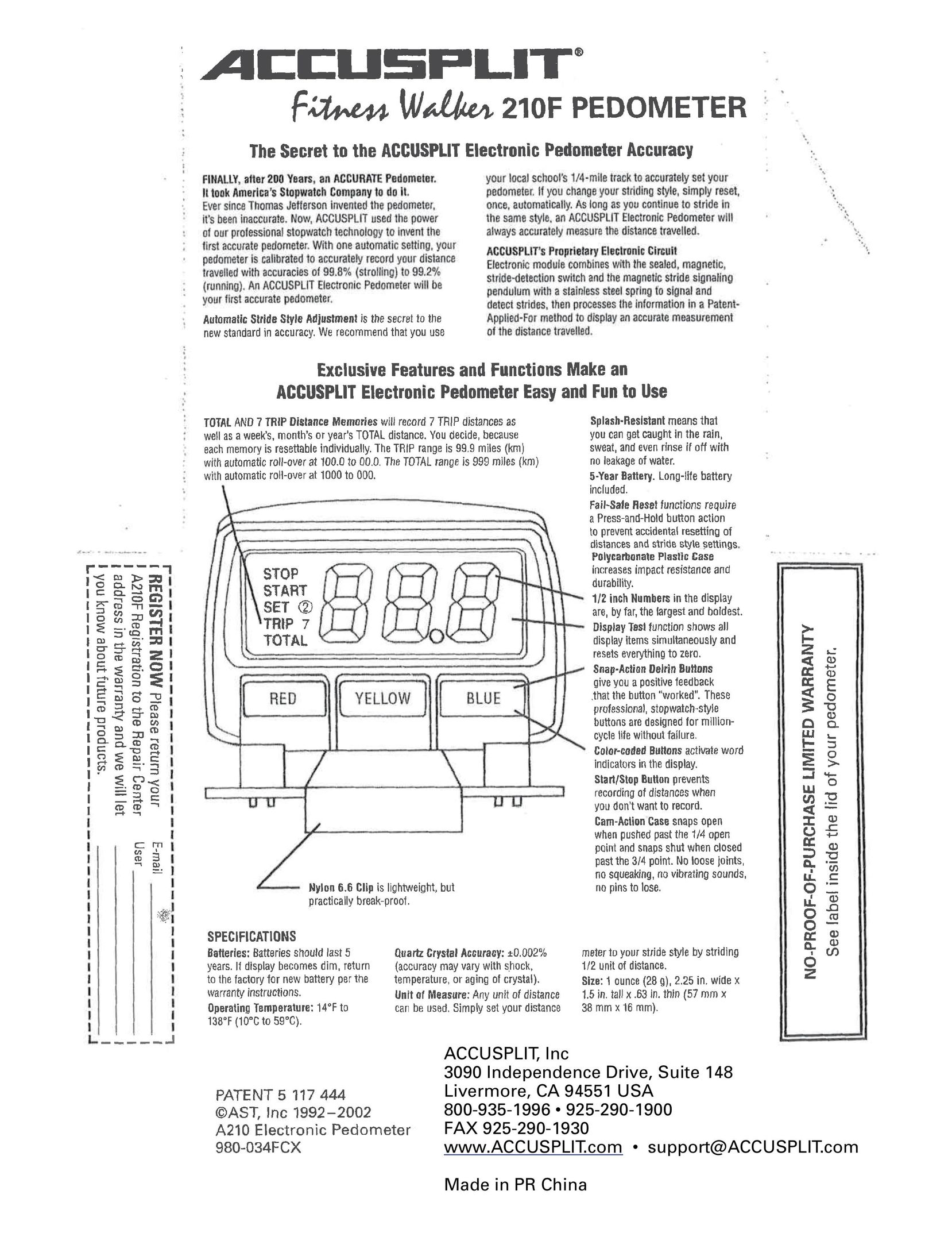 Accusplit A210F Fitness Electronics User Manual
