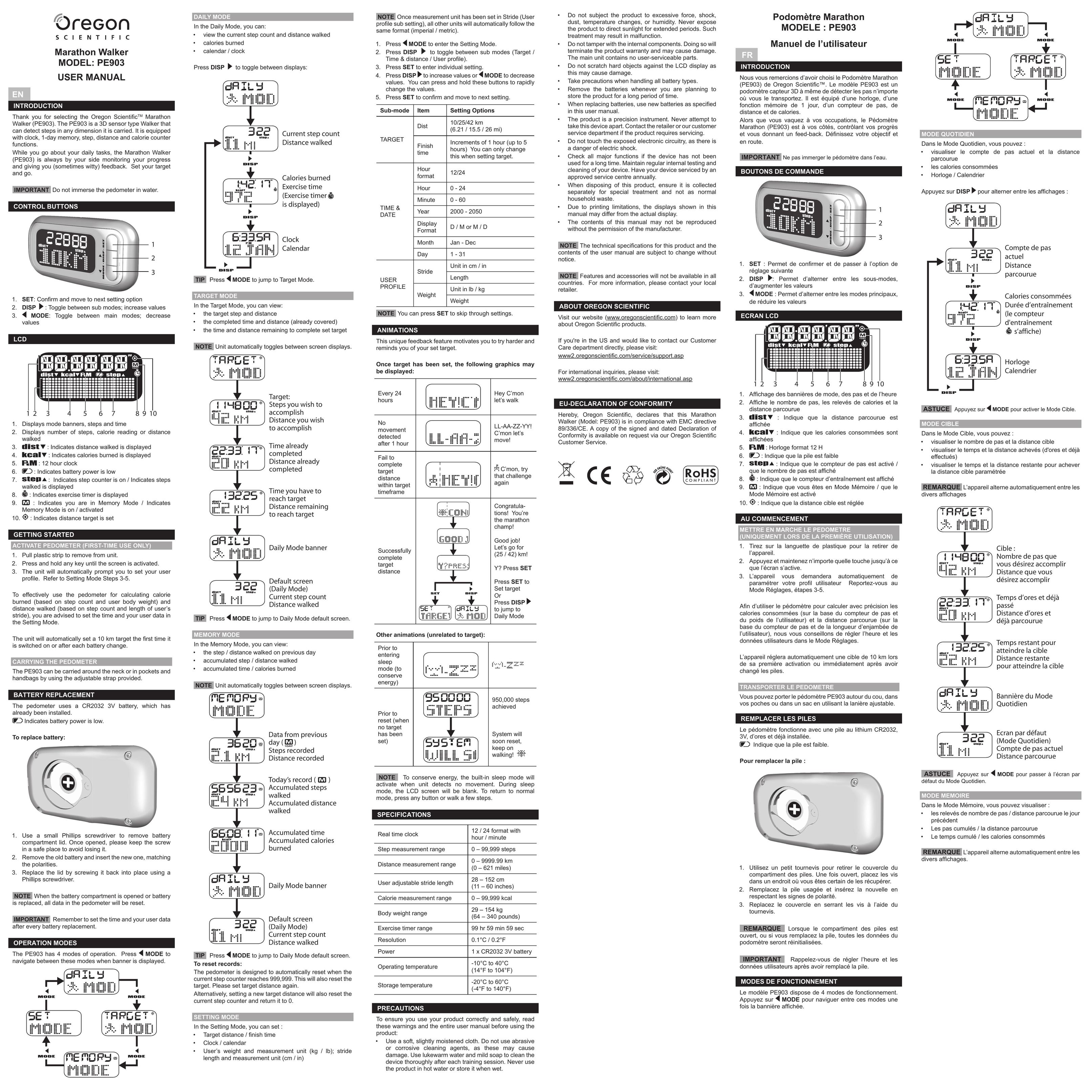Oregon Scientific PE903 Fitness Electronics User Manual