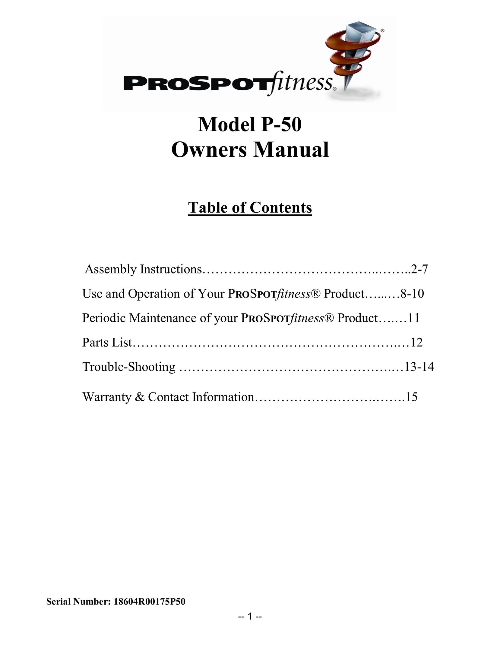 ProSpot Fitness P-50 Fitness Electronics User Manual