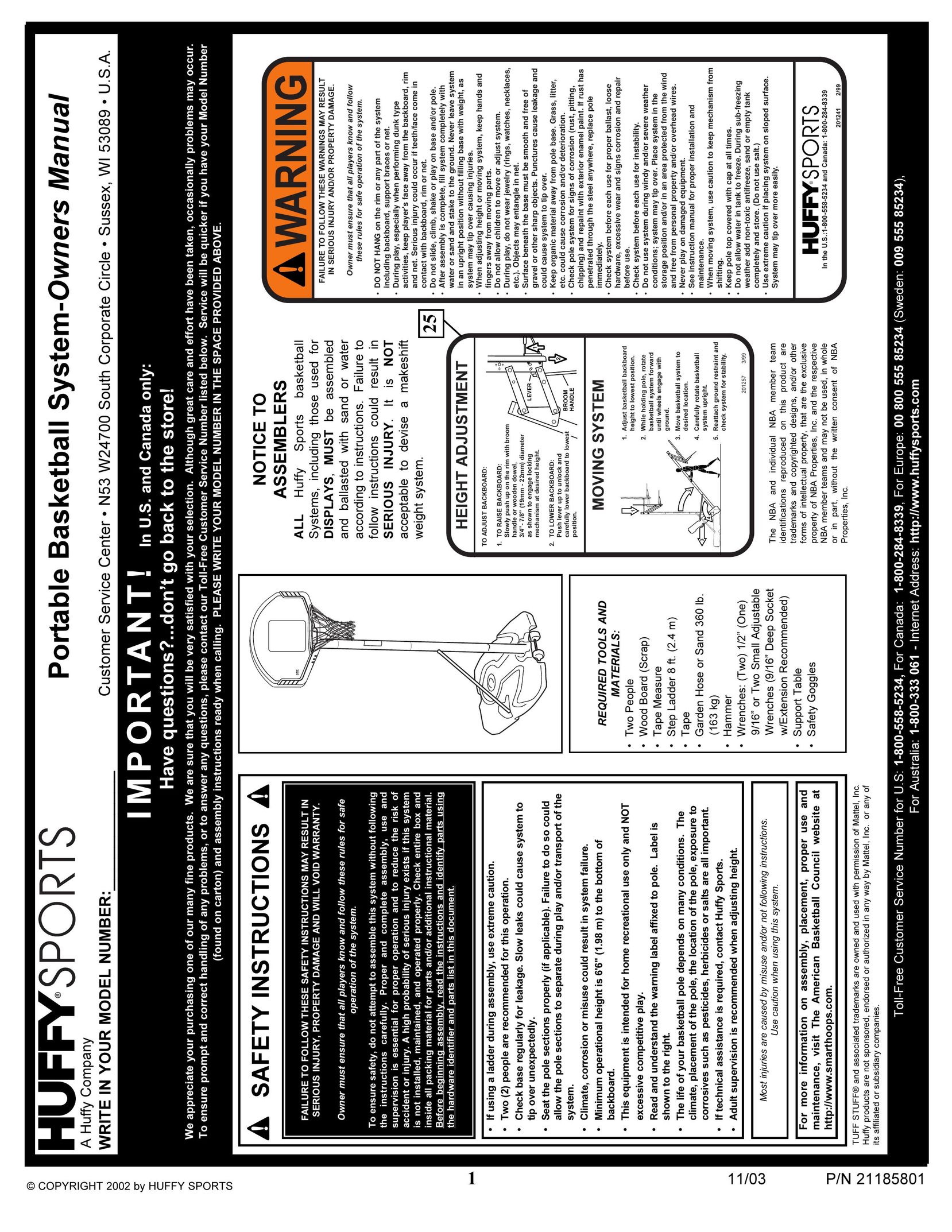 Huffy 9125 7002000 Fitness Equipment User Manual