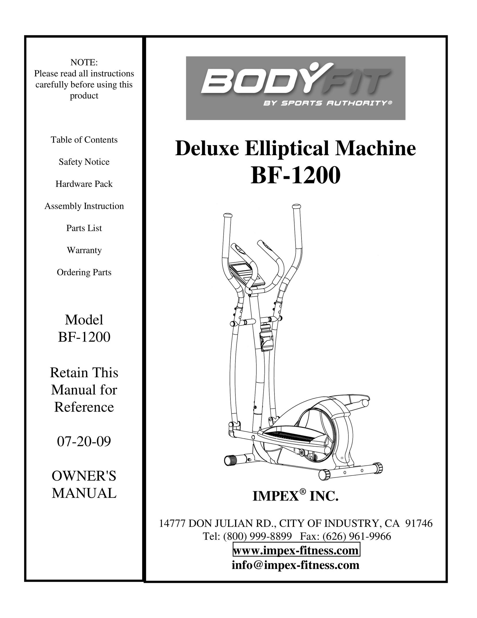 Impex BF-1200 Fitness Equipment User Manual