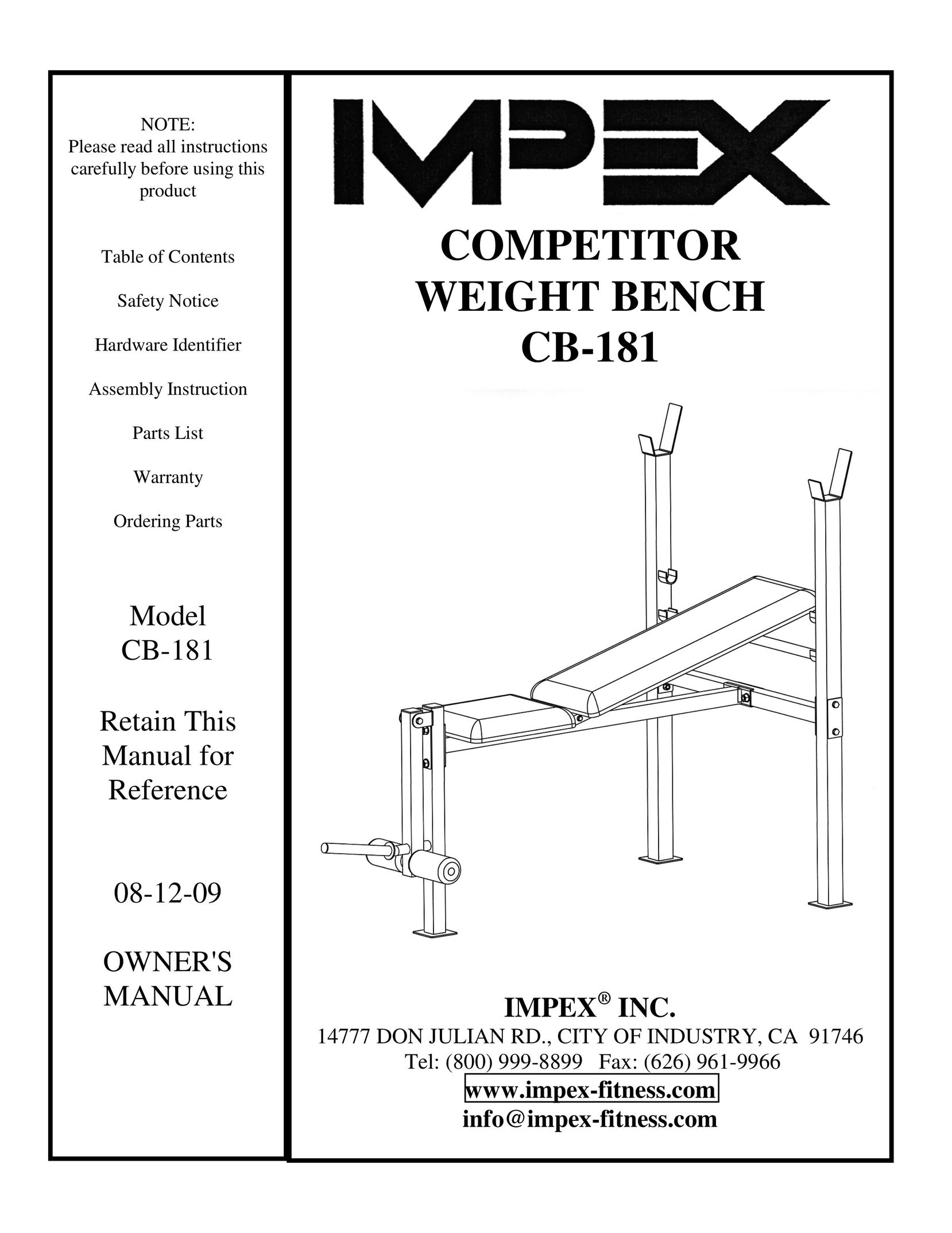 Impex CB-181 Fitness Equipment User Manual