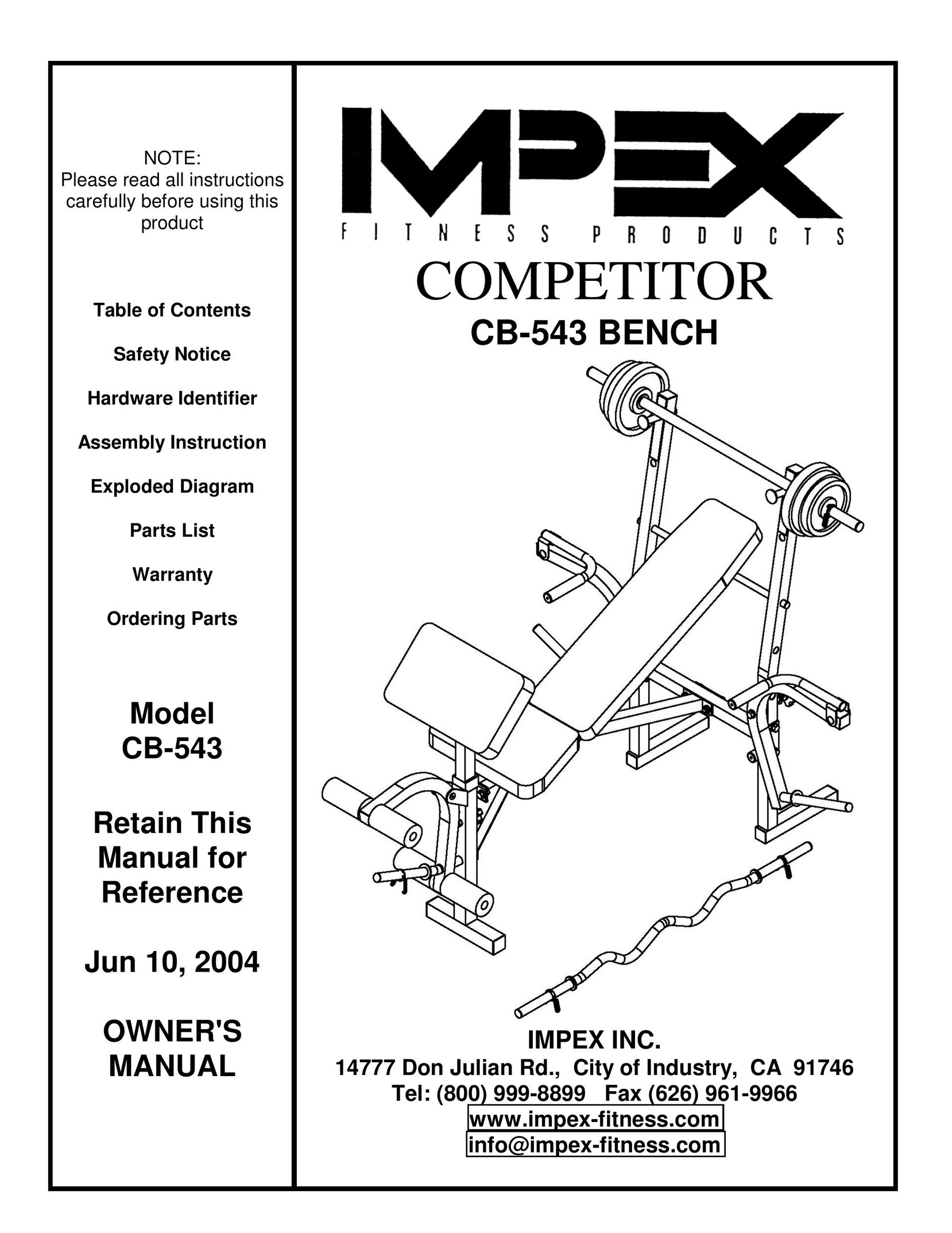 Impex CB-543 Fitness Equipment User Manual