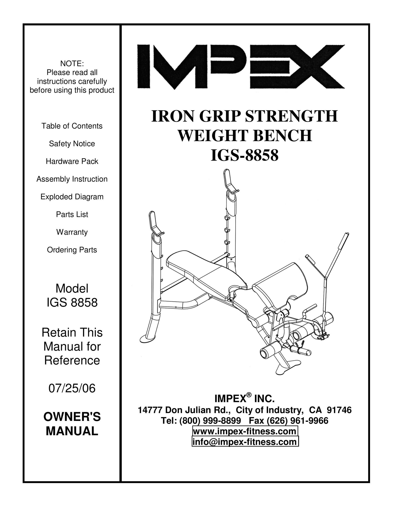 Impex IGS-8858 Fitness Equipment User Manual
