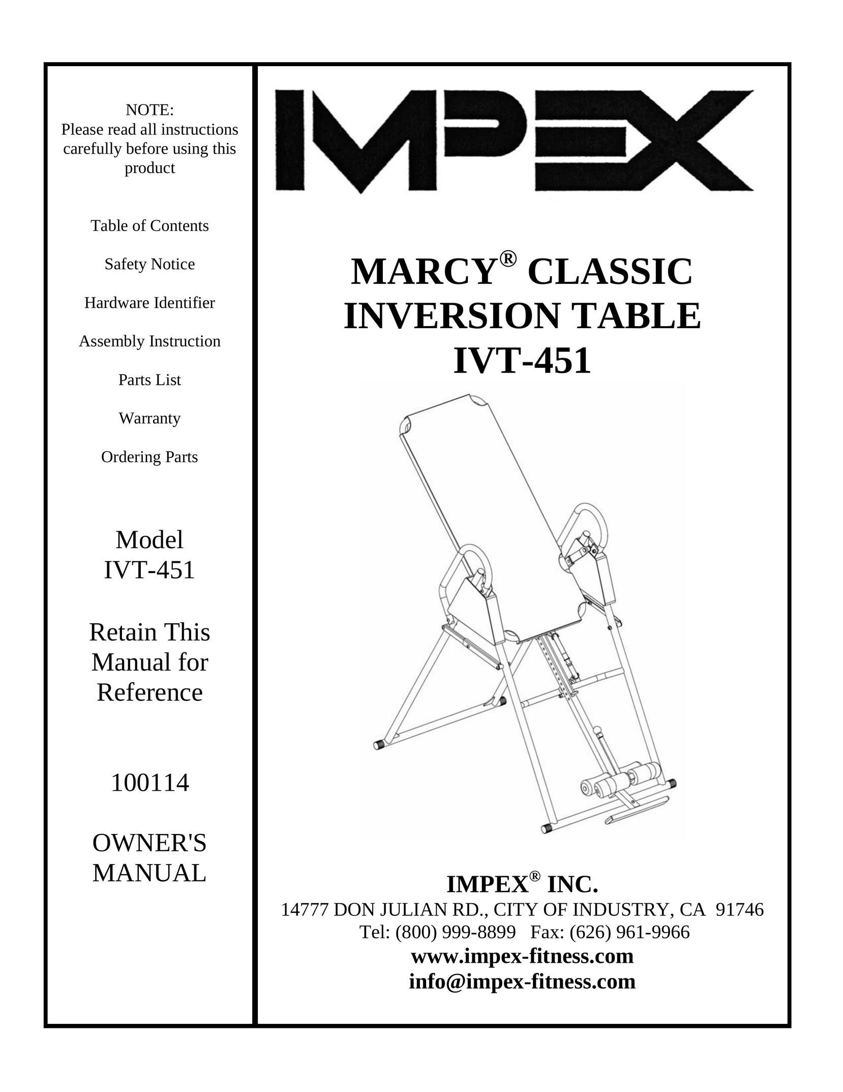 Impex IVT-451 Fitness Equipment User Manual