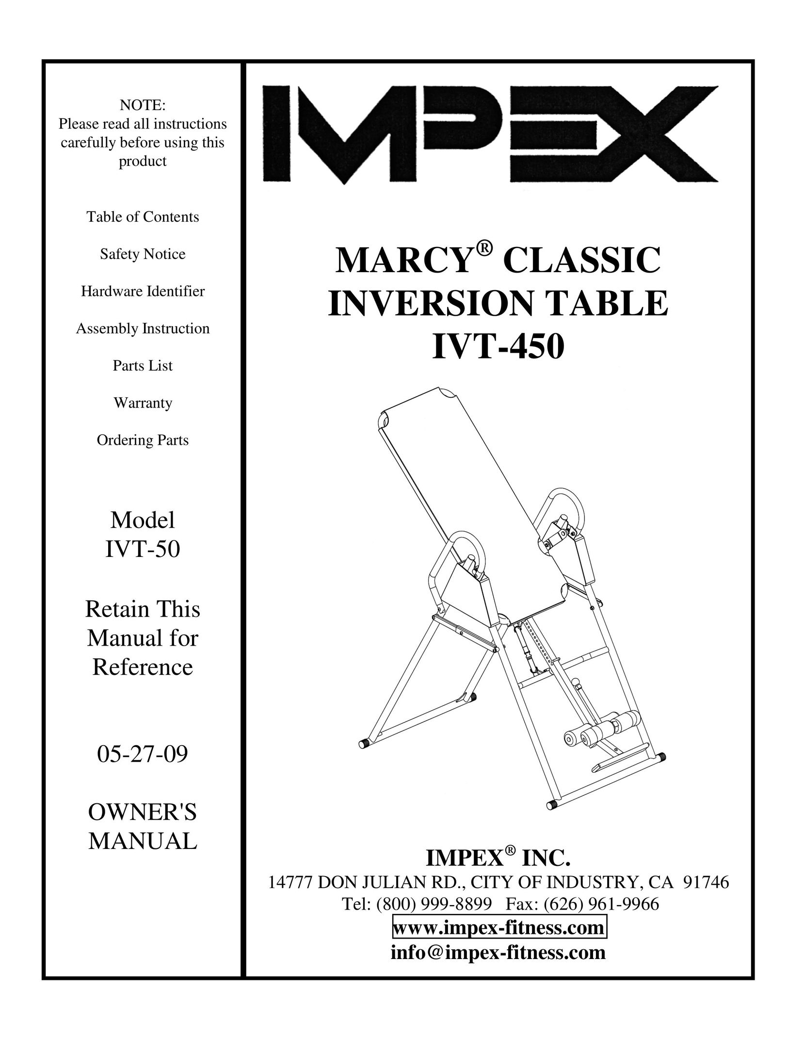 Impex IVT-50 Fitness Equipment User Manual