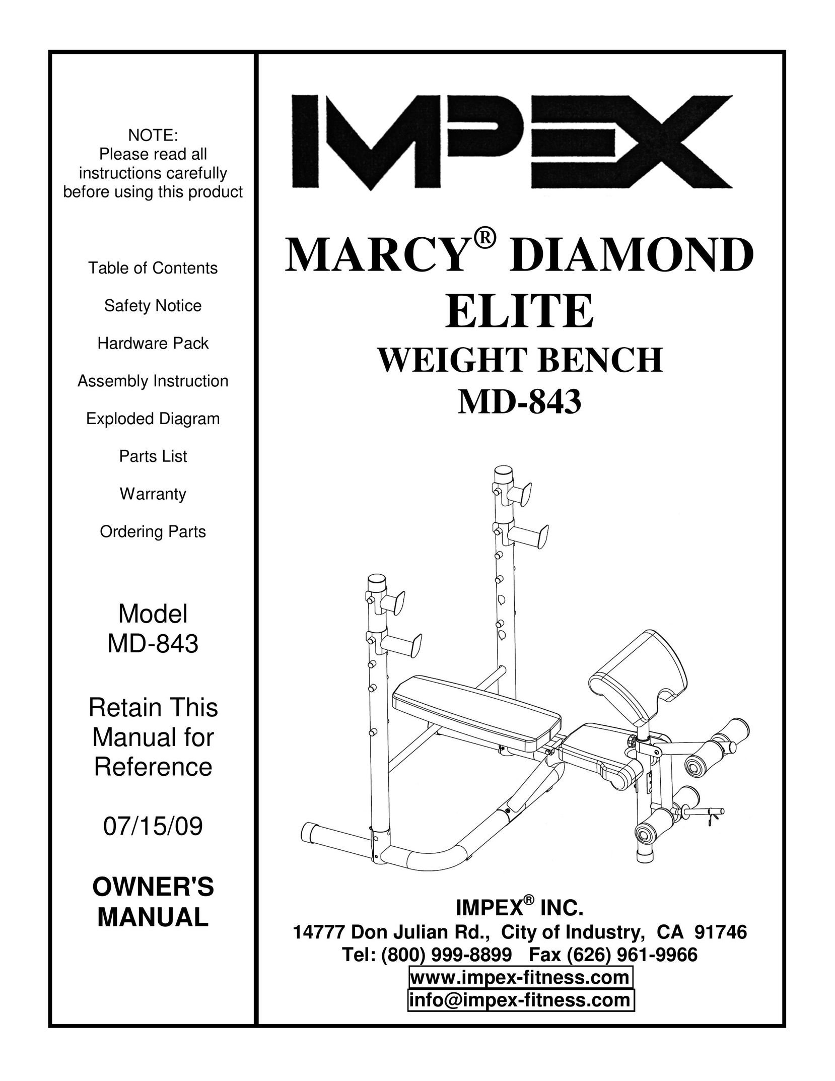 Impex MD-843 Fitness Equipment User Manual