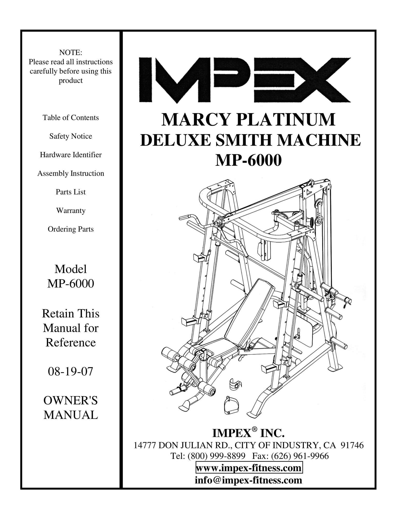 Impex mp-6000 Fitness Equipment User Manual