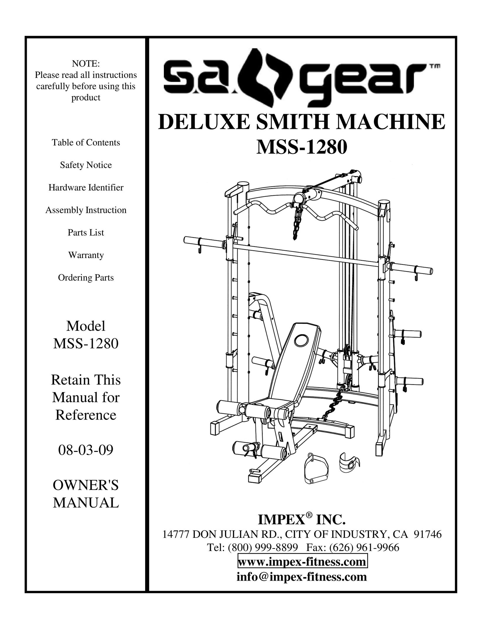 Impex MSS-1280 Fitness Equipment User Manual