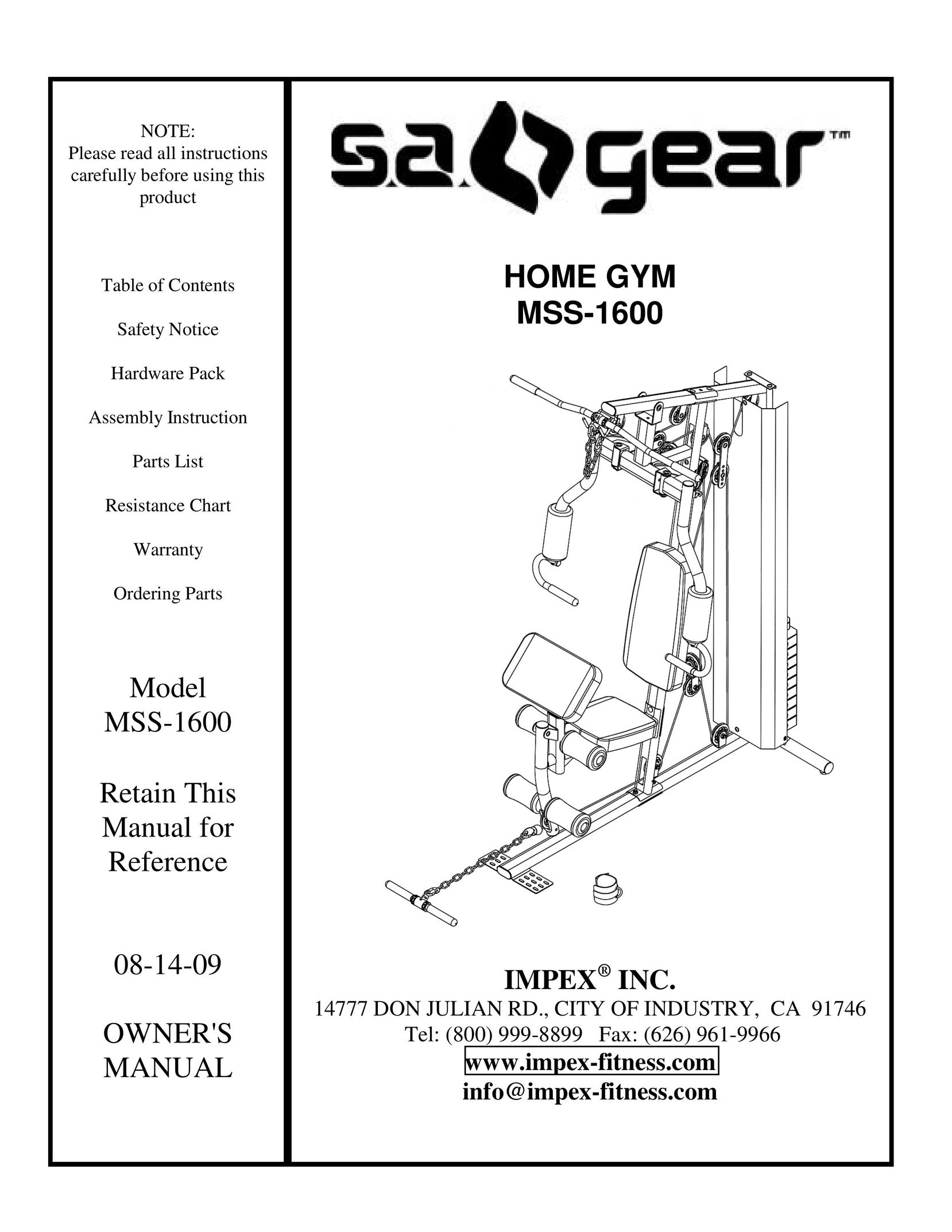 Impex MSS-1600 Fitness Equipment User Manual