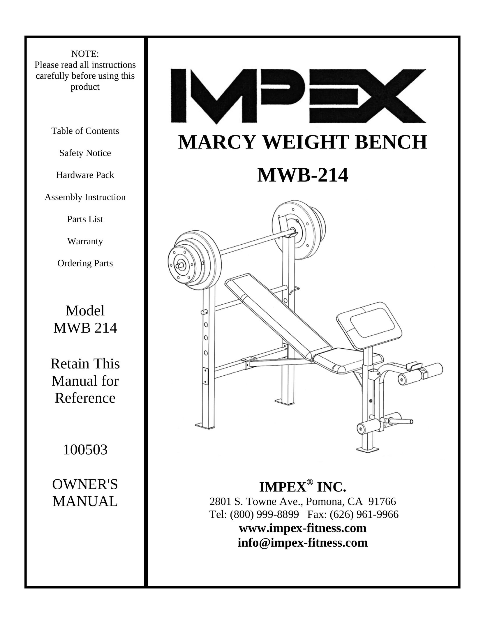 Impex MWB 214 Fitness Equipment User Manual