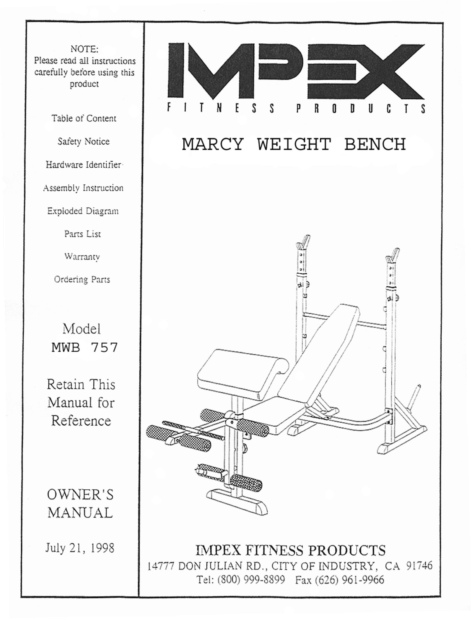 Impex MWB 757 Fitness Equipment User Manual